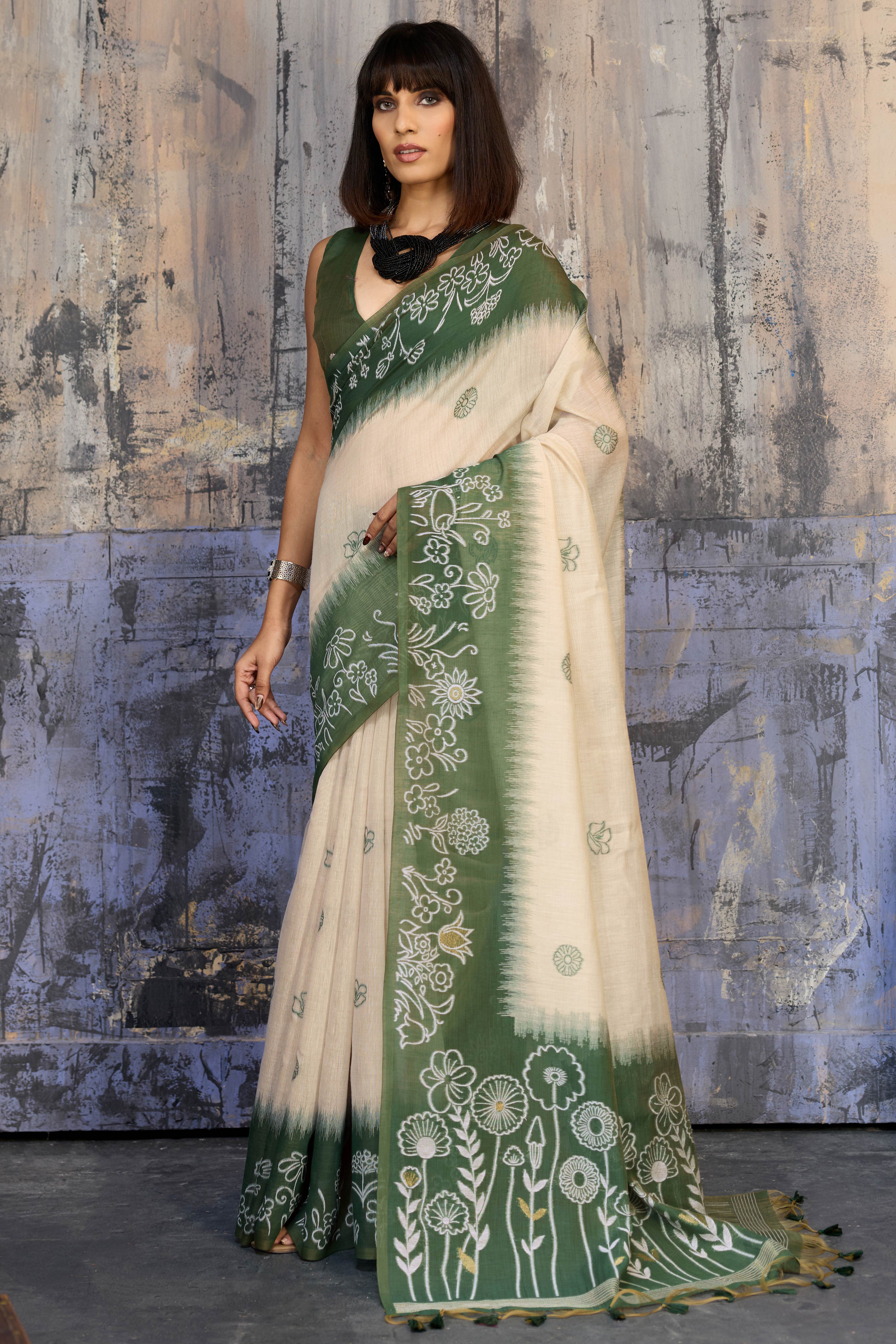 Beige & Green Classic Munga Cotton Blend Saree with Intricate Floral Woven Detailing
