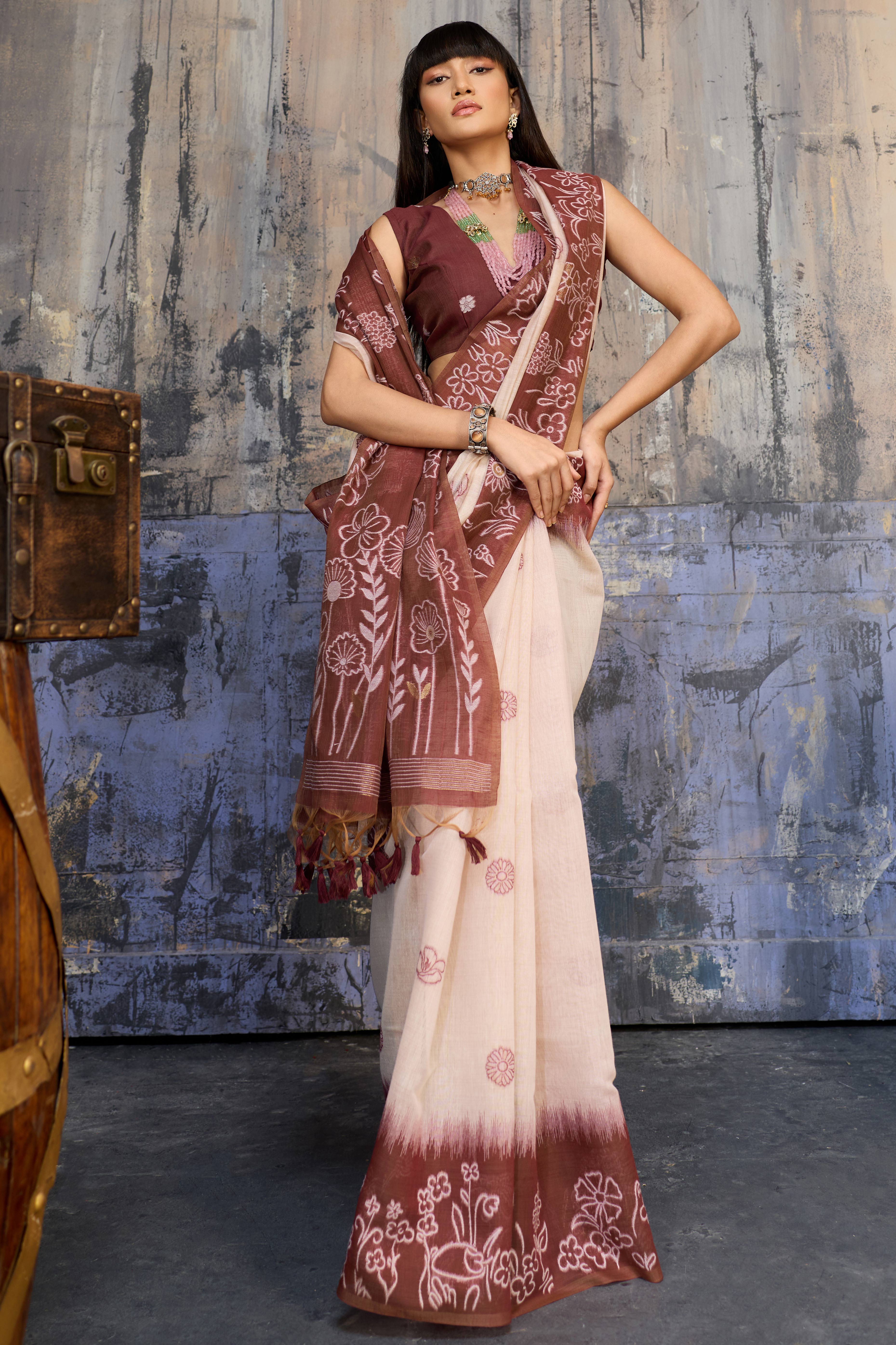 Beige & Brown Classic Munga Cotton Blend Saree with Intricate Floral Woven Detailing