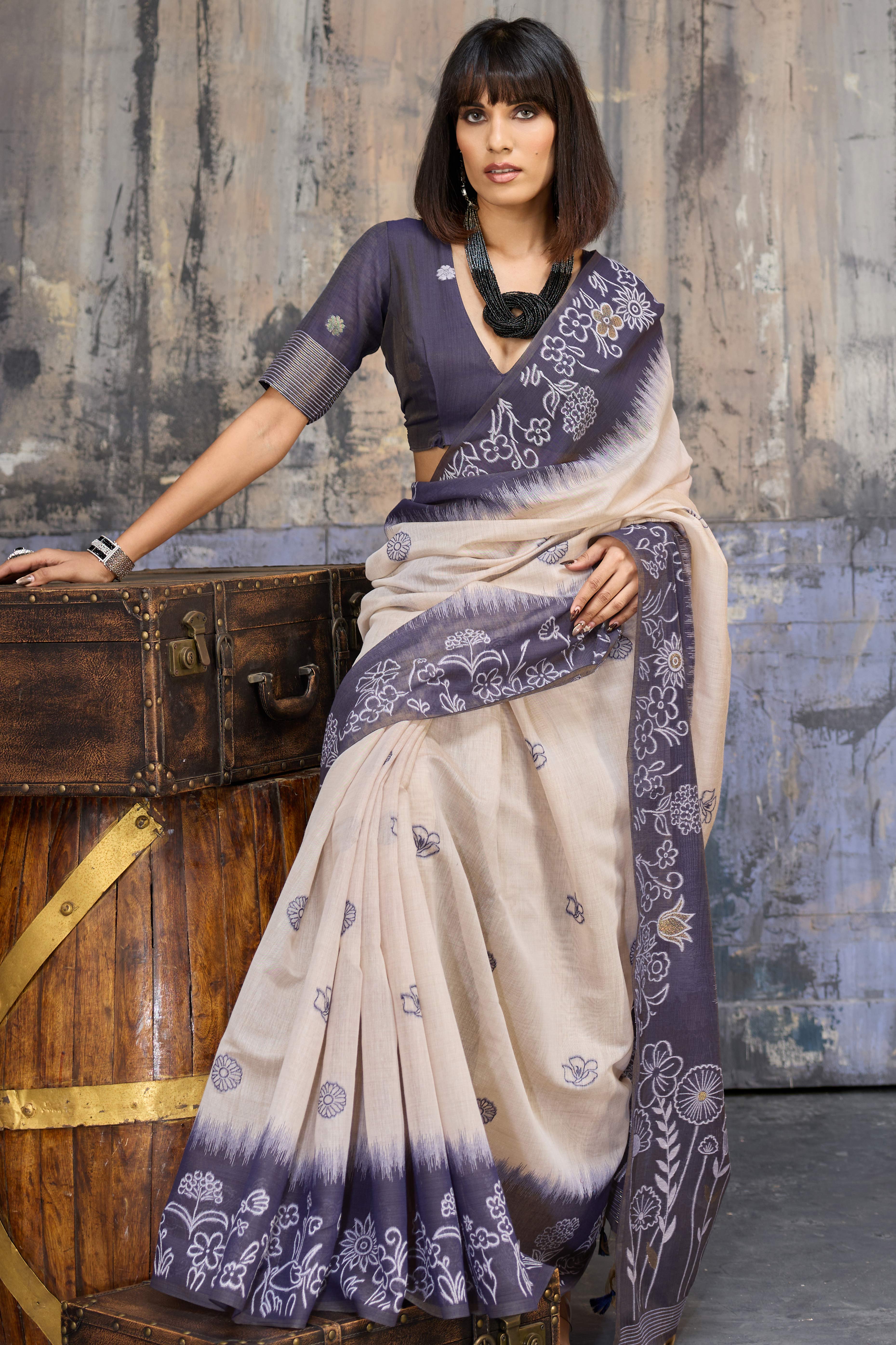 Beige & Blue Classic Munga Cotton Blend Saree with Intricate Floral Woven Detailing