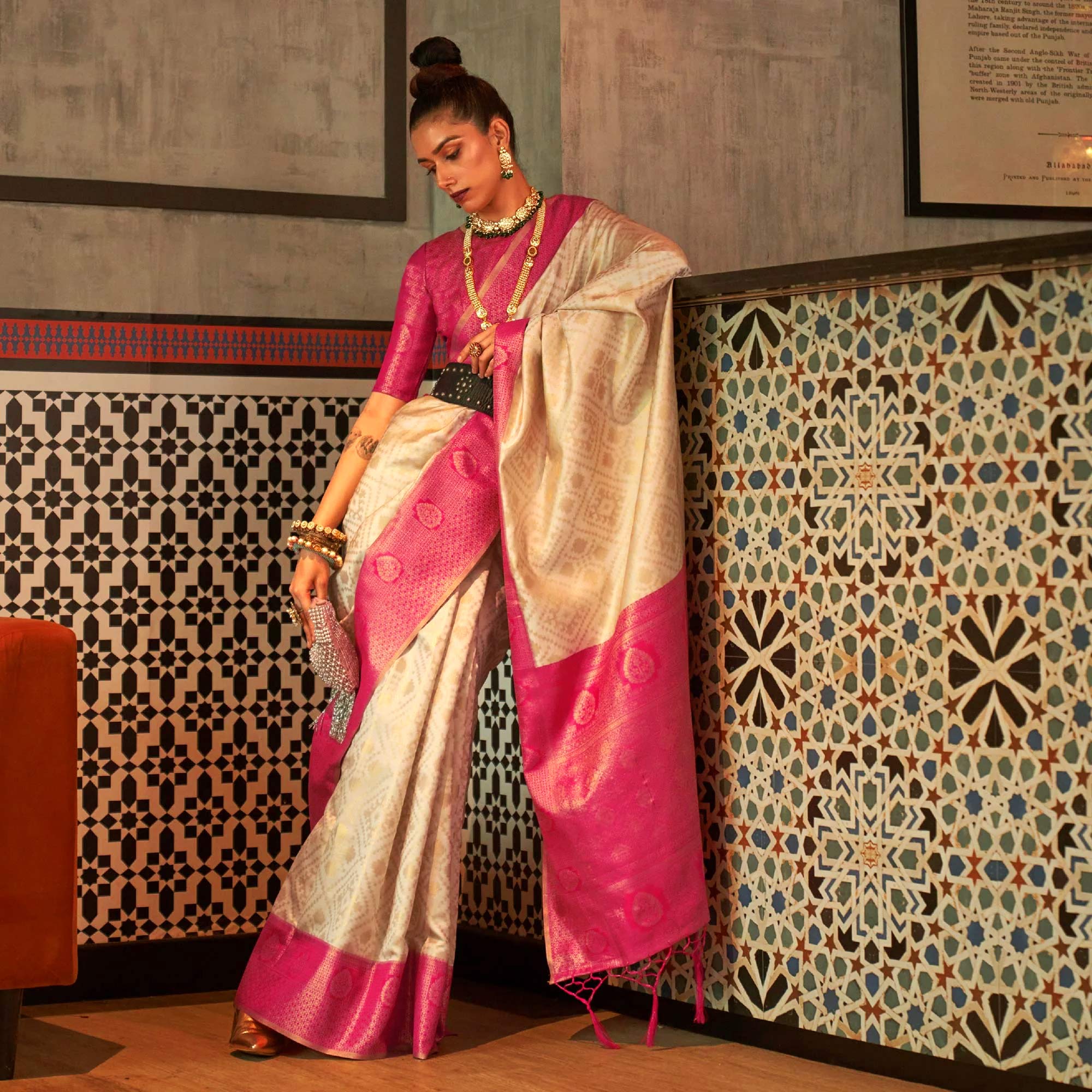 Off White Woven Art Silk Saree With Tassels