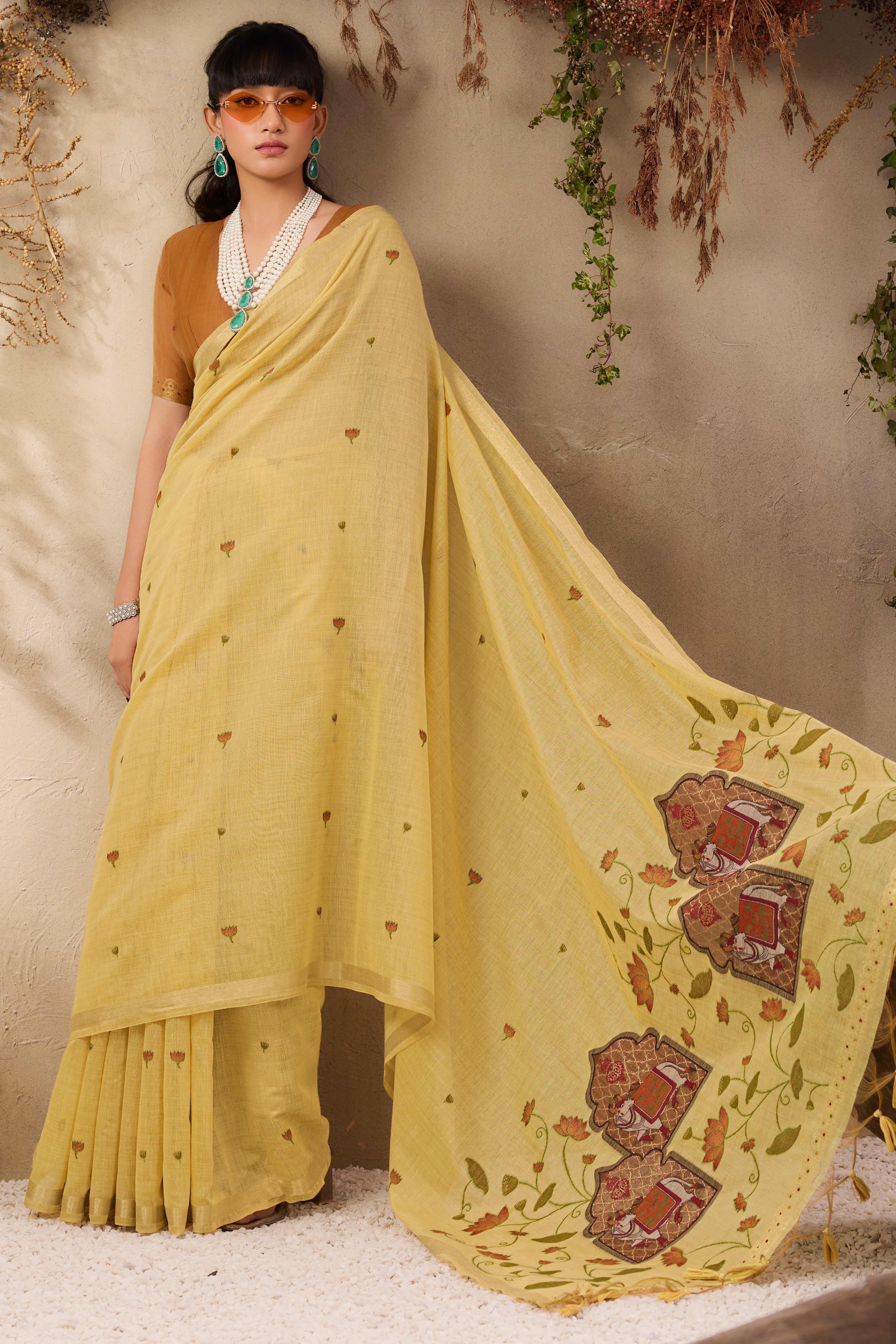 Yellow Lightweight Handloom Munga Cotton Blend Saree Accented with Floral Woven Motifs