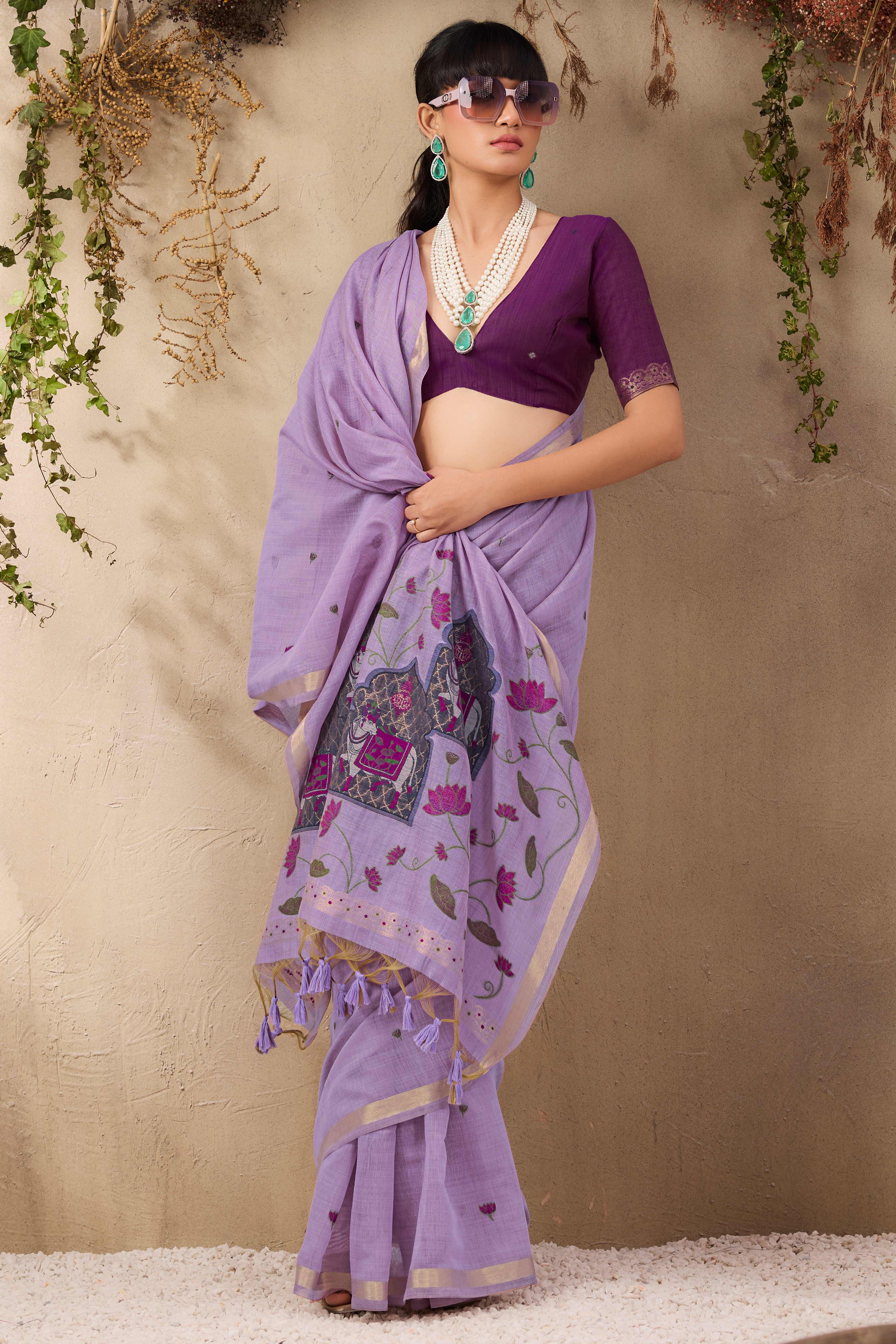 Purple Lightweight Handloom Munga Cotton Blend Saree Accented with Floral Woven Motifs