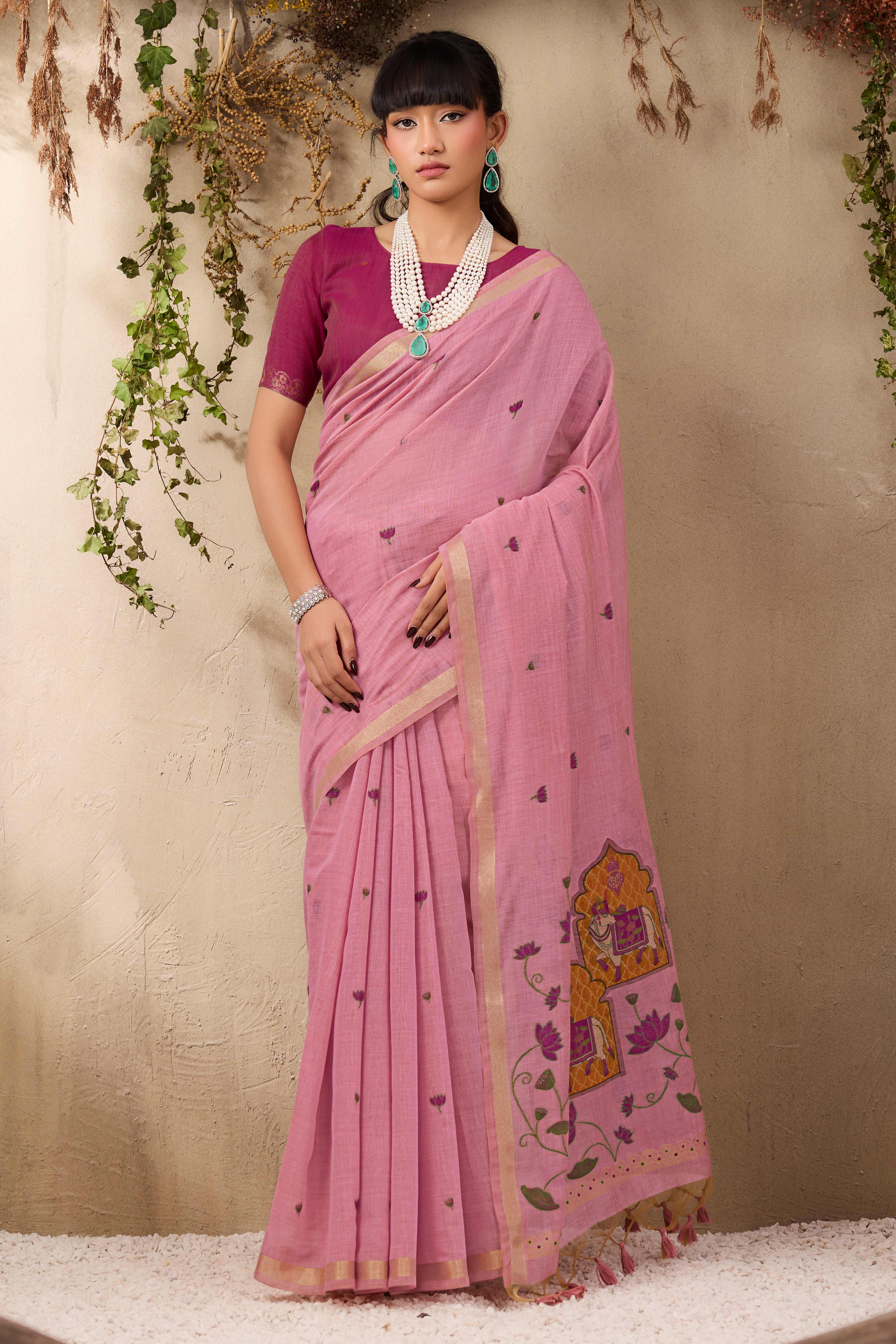 Pink Lightweight Handloom Munga Cotton Blend Saree Accented with Floral Woven Motifs