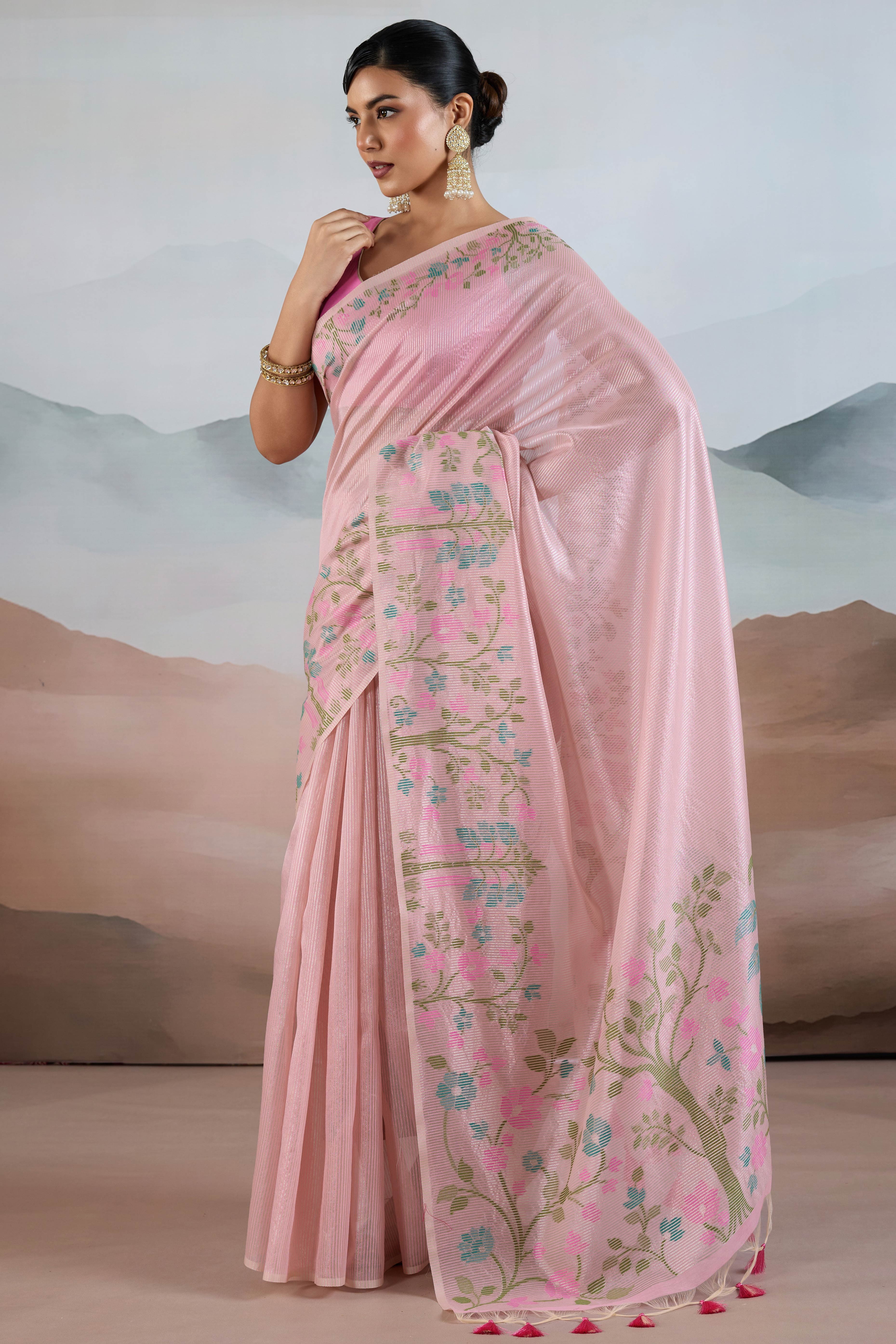 Pink Tissue Silk Saree Showcasing Floral & Striped Weaving With Tassel Adornment