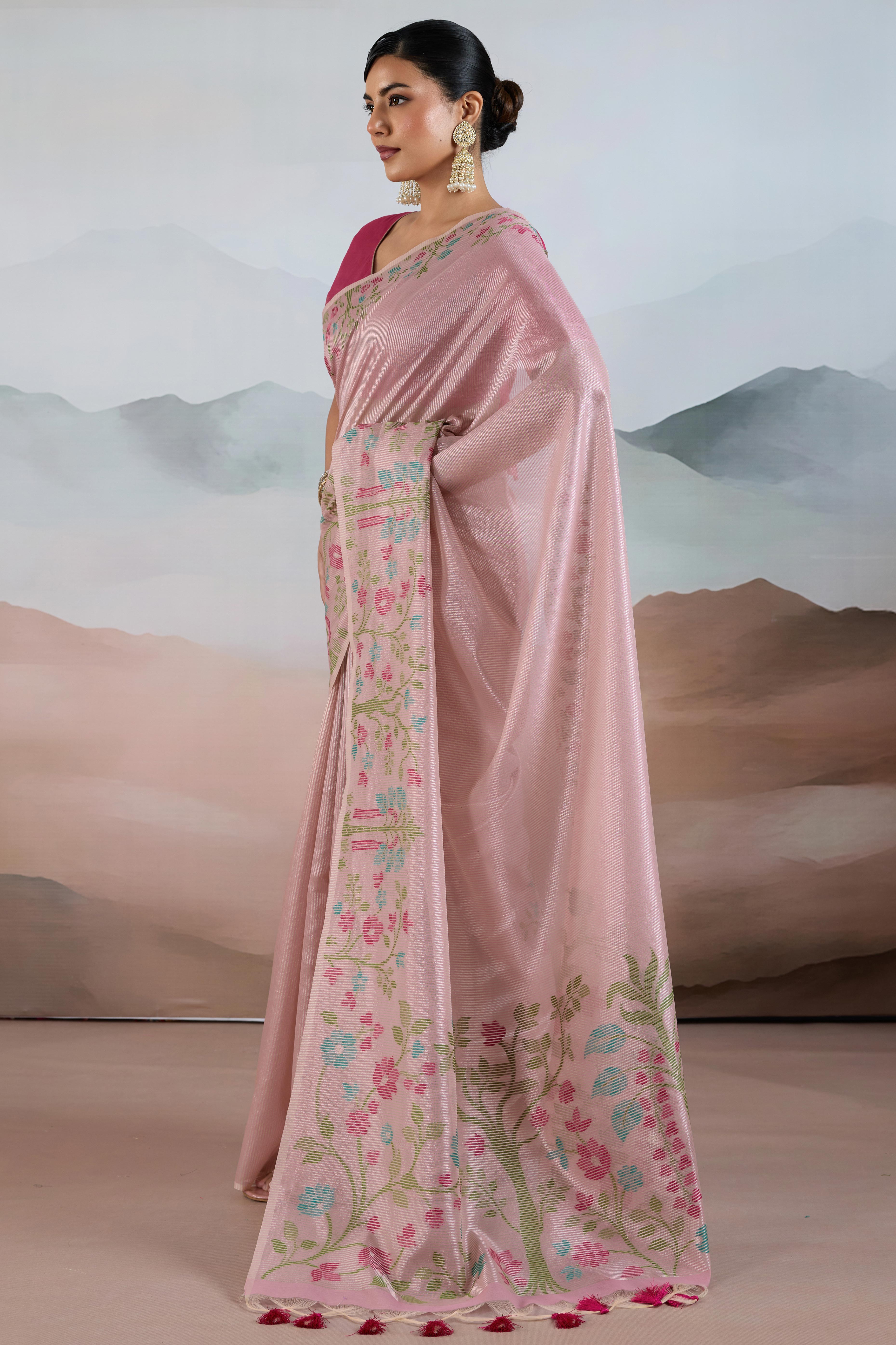 Pink Tissue Silk Saree Showcasing Floral & Striped Weaving With Tassel Adornment