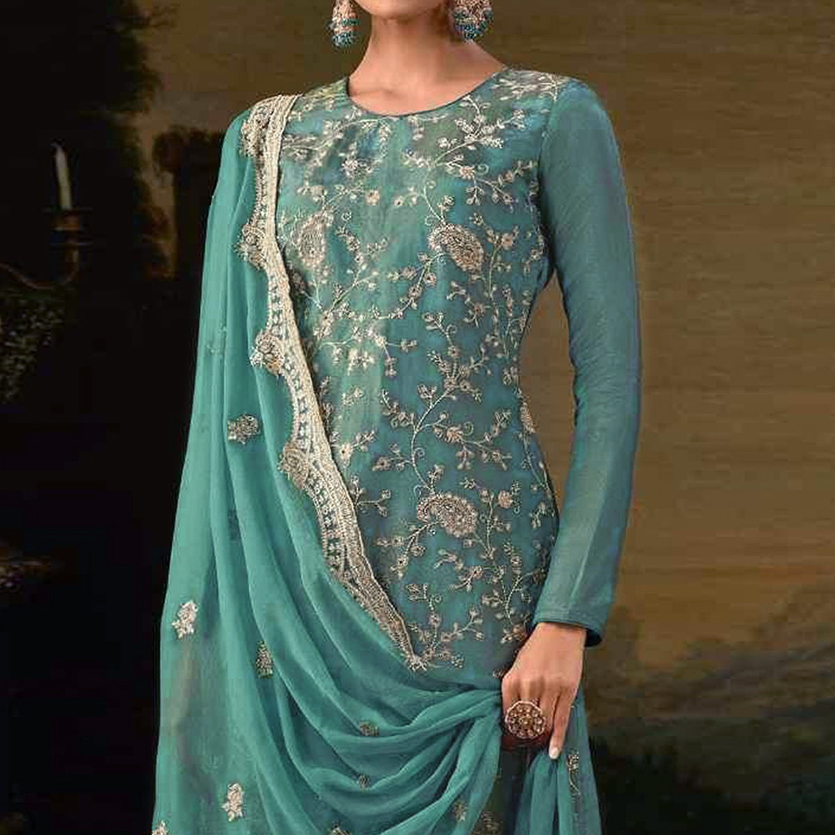 Rama Green Floral Sequins Embroidered Georgette Semi Stitched Salwar Suit