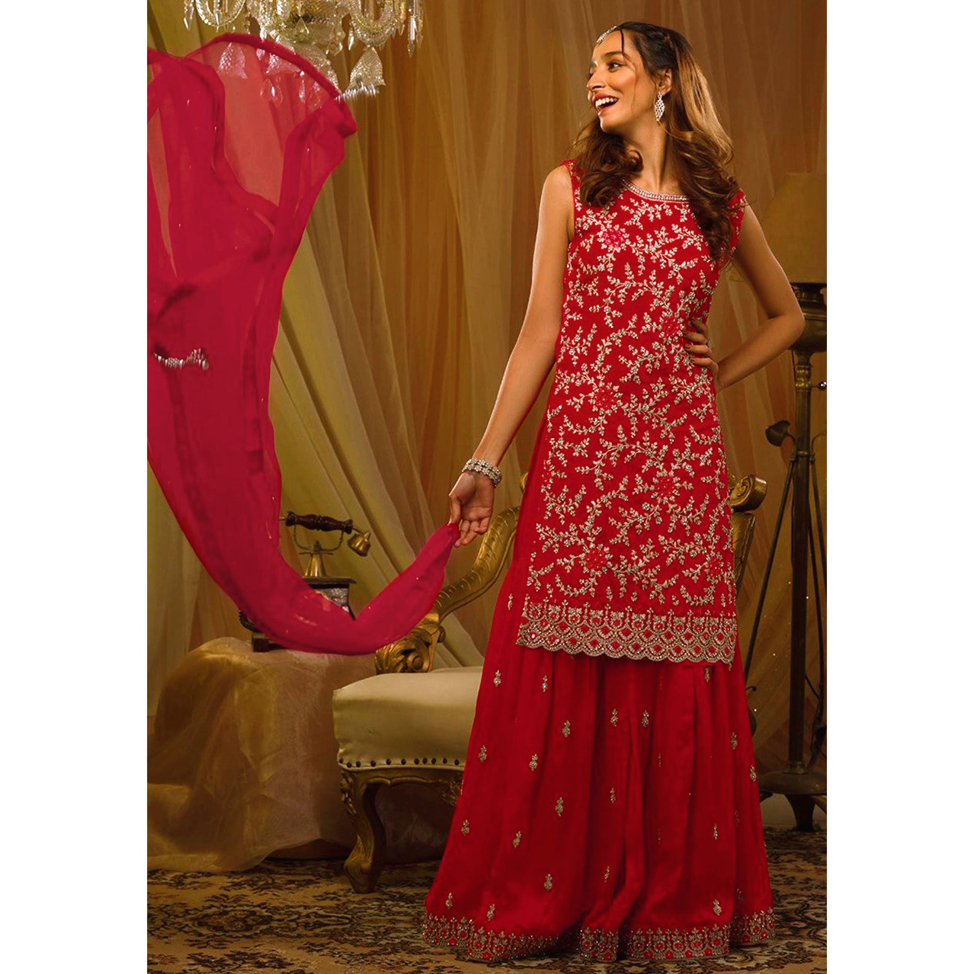 Red Sequins Embroidered Georgette Semi Stitched Sharara Suit