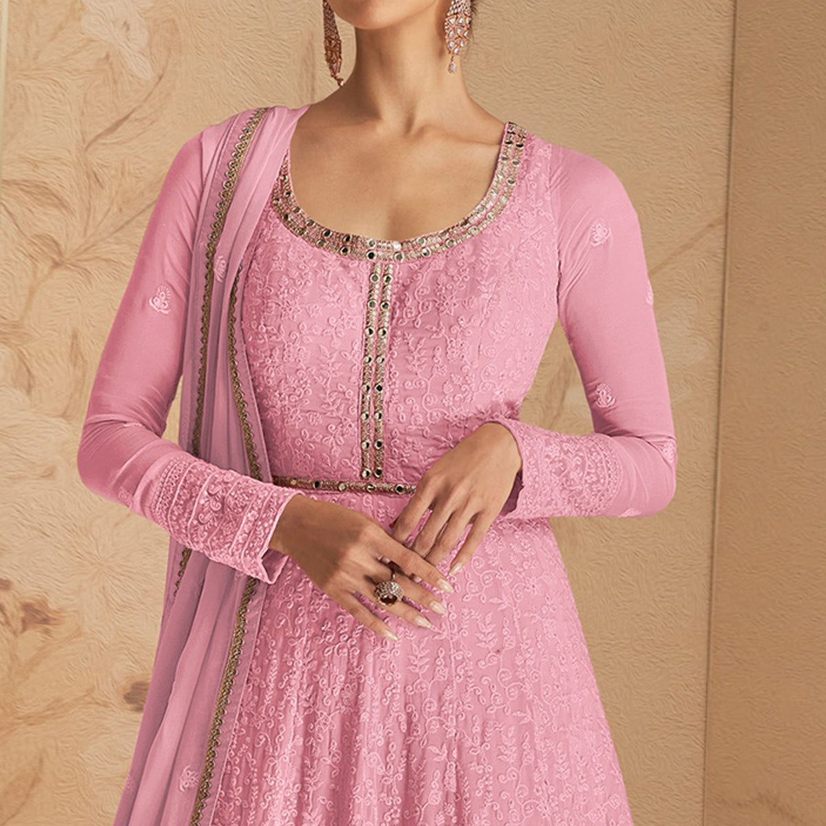 Pink Floral Embroidered Georgette Semi Stitched Anarkali Suit