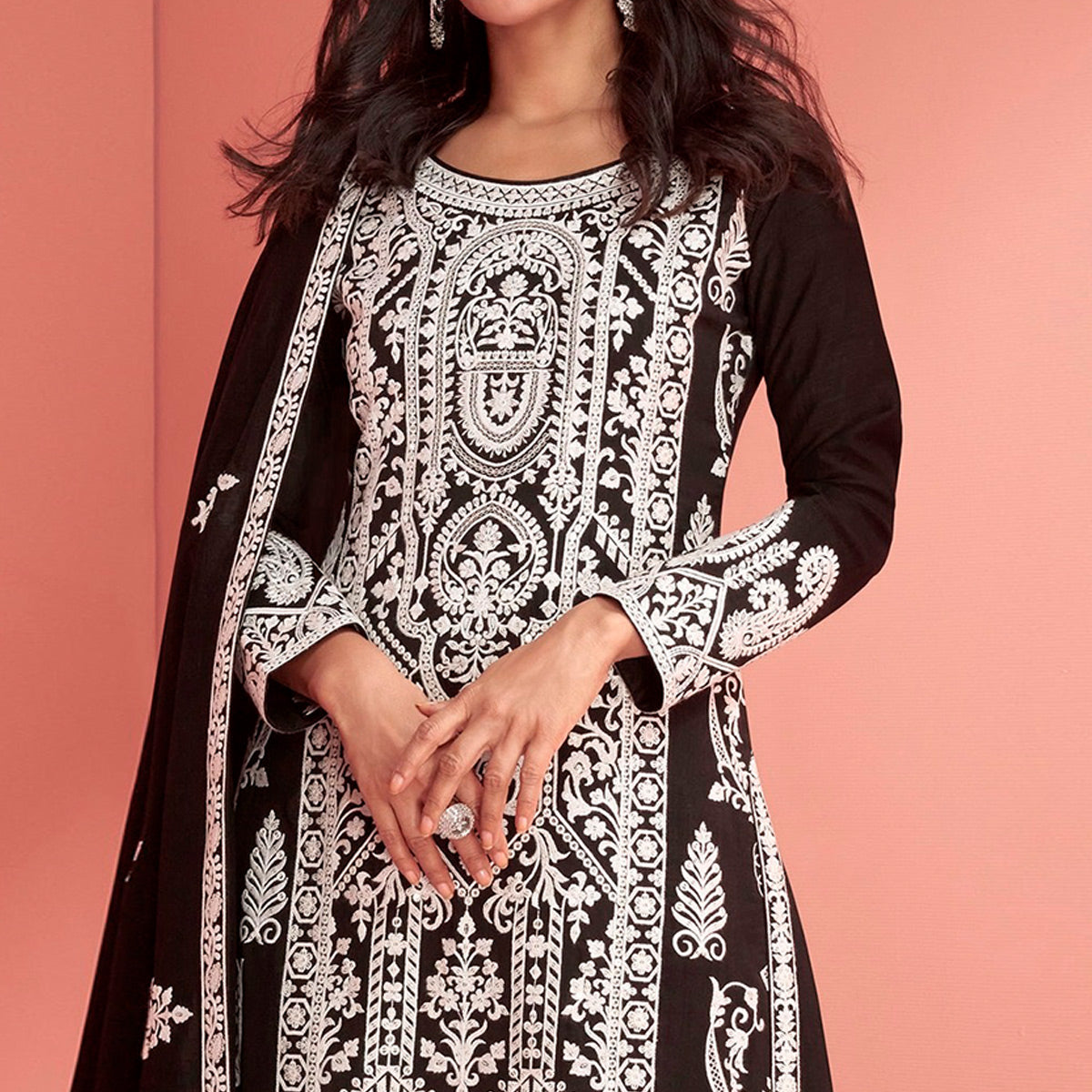 Black Floral Embroidered Georgette Semi Stitched Suit