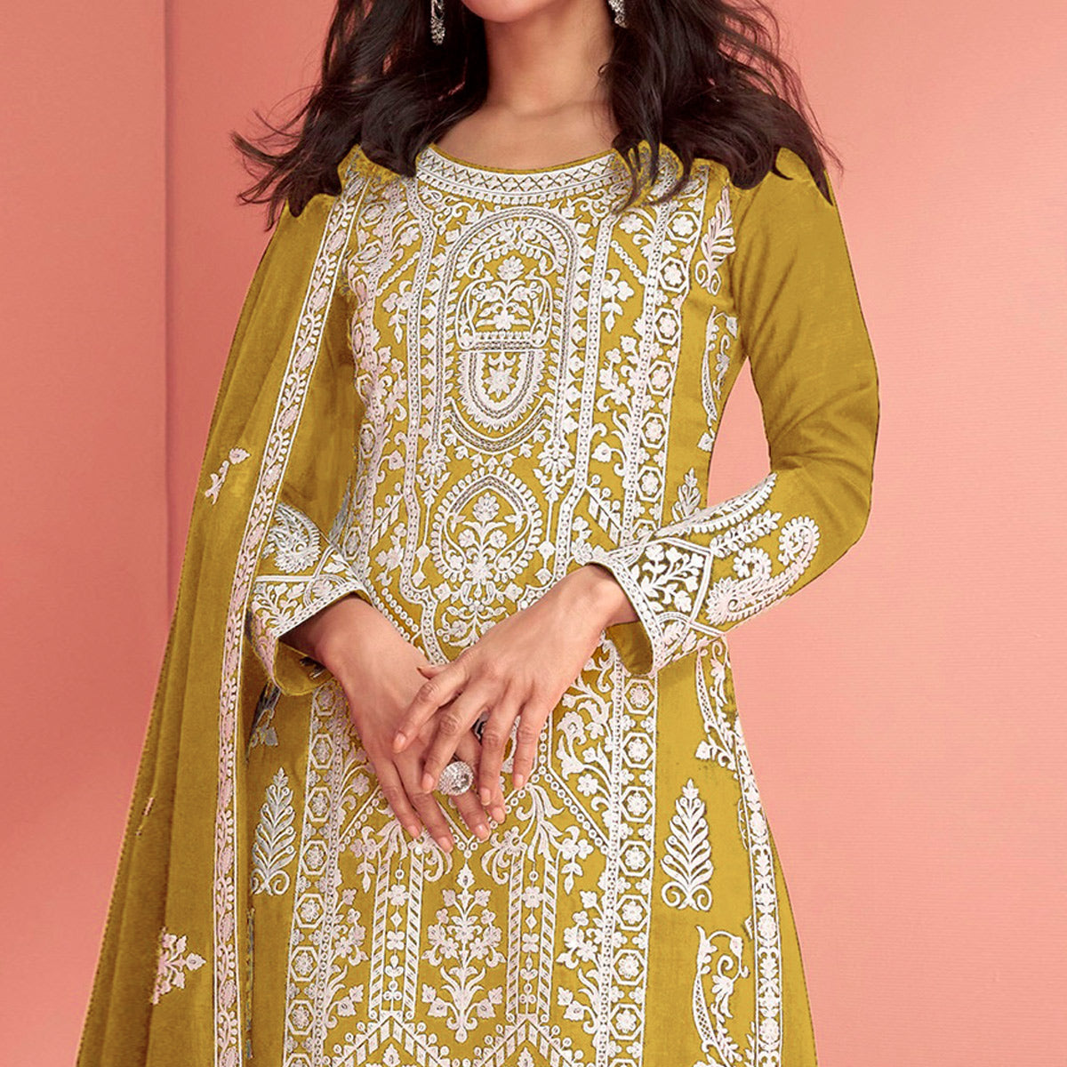 Mustard Floral Embroidered Georgette Semi Stitched Suit