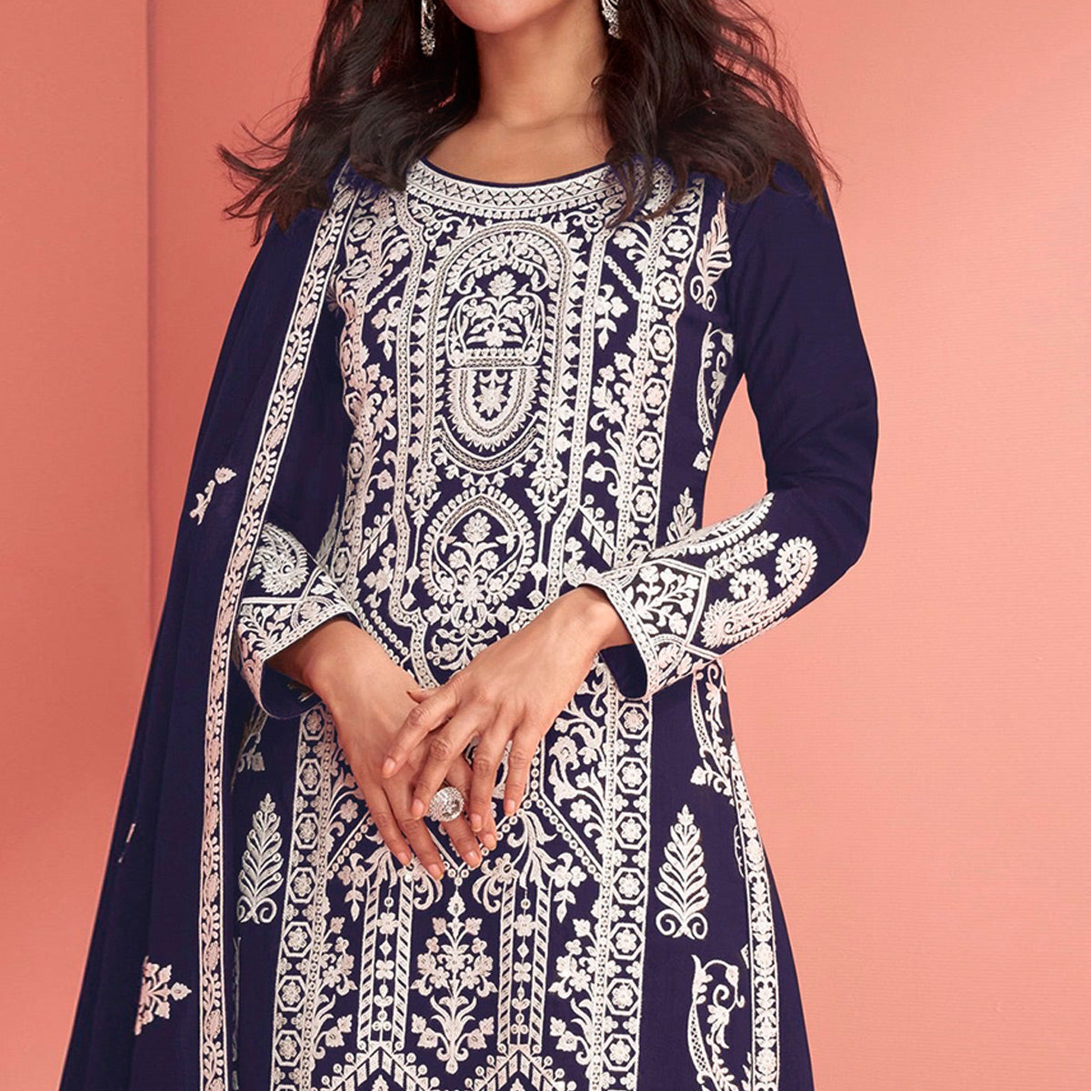 Blue Floral Embroidered Georgette Semi Stitched Suit