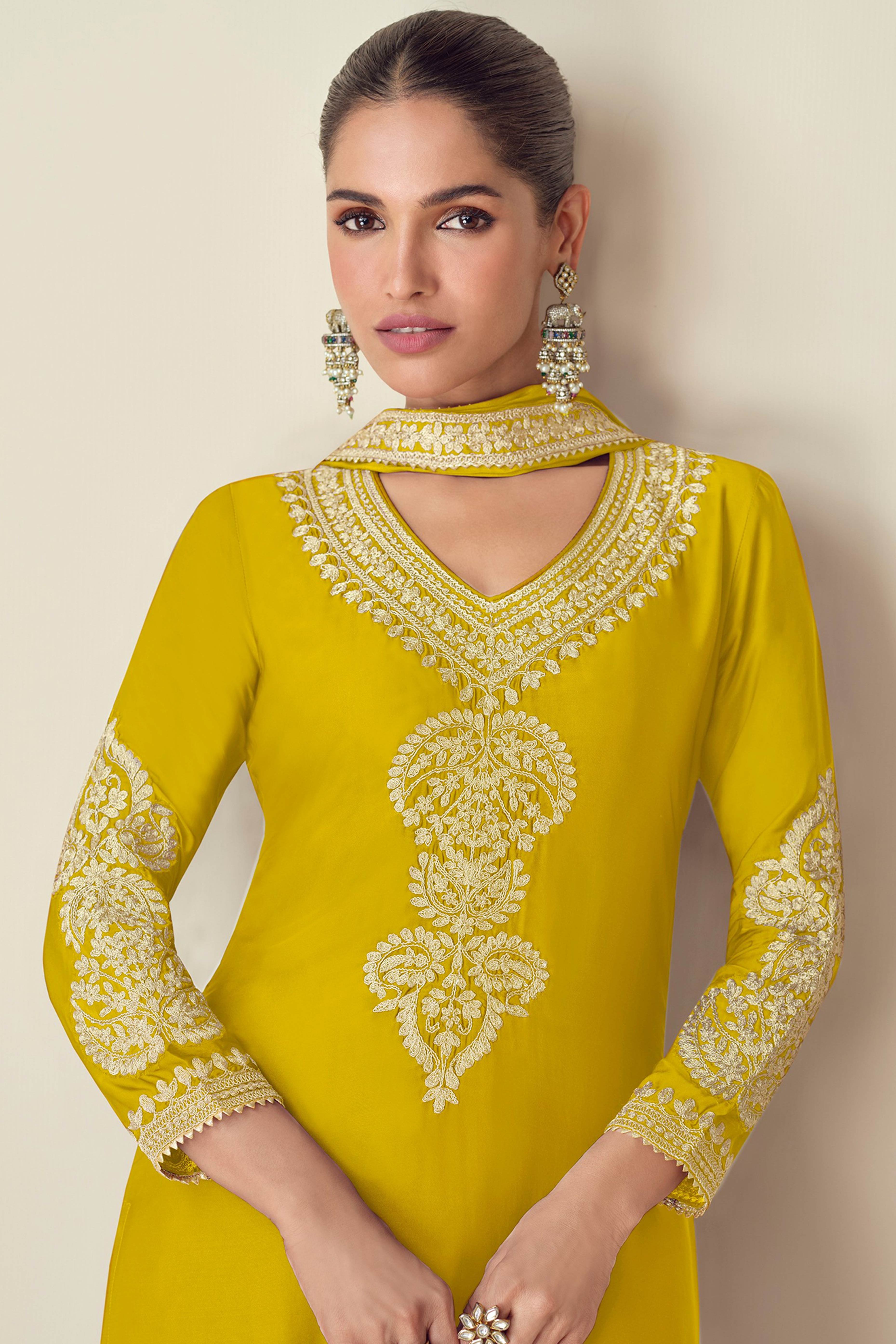Exquisite Mustard Sequins Floral Embroidered Chinon Semi-Stitched Salwar Suit