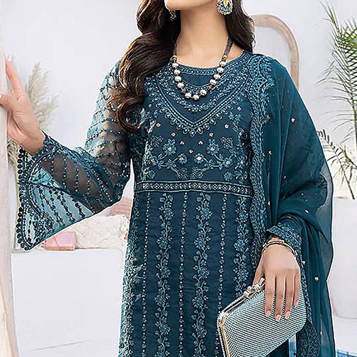 Teal Blue Floral Embroidered Organza Semi Stitched Suit