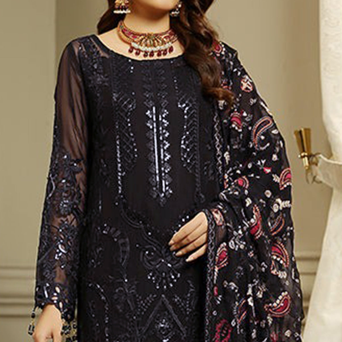 Black Embroidered Georgette Semi Stitched Pakistani Suit