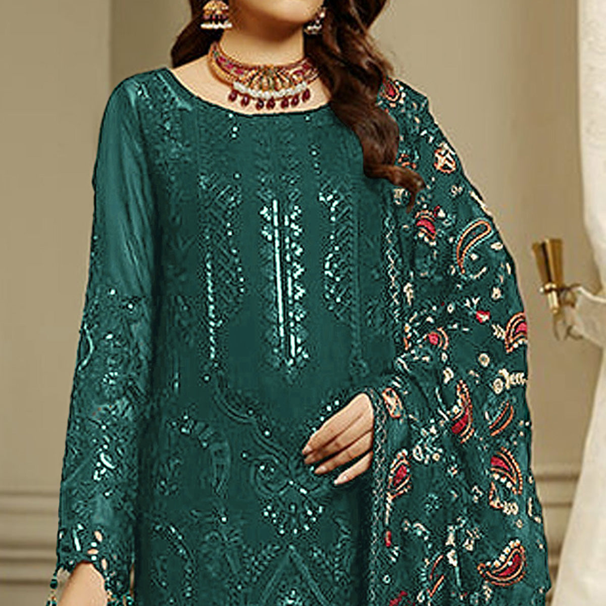 Green Embroidered Georgette Semi Stitched Pakistani Suit