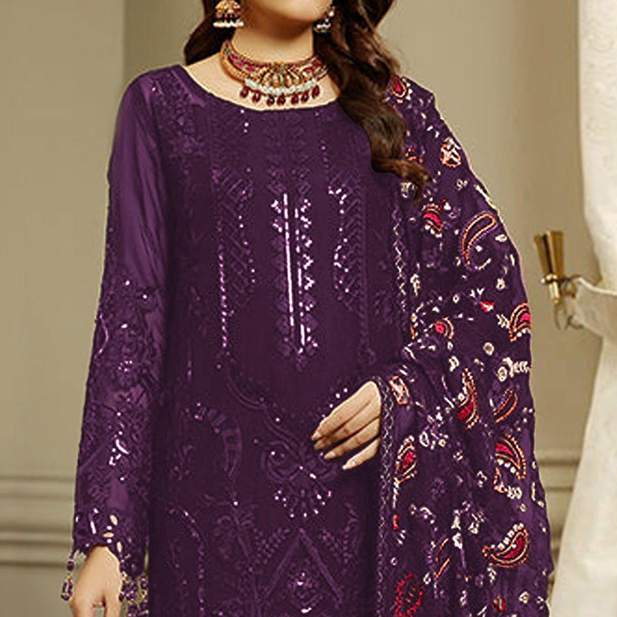 Purple Embroidered Georgette Semi Stitched Pakistani Suit