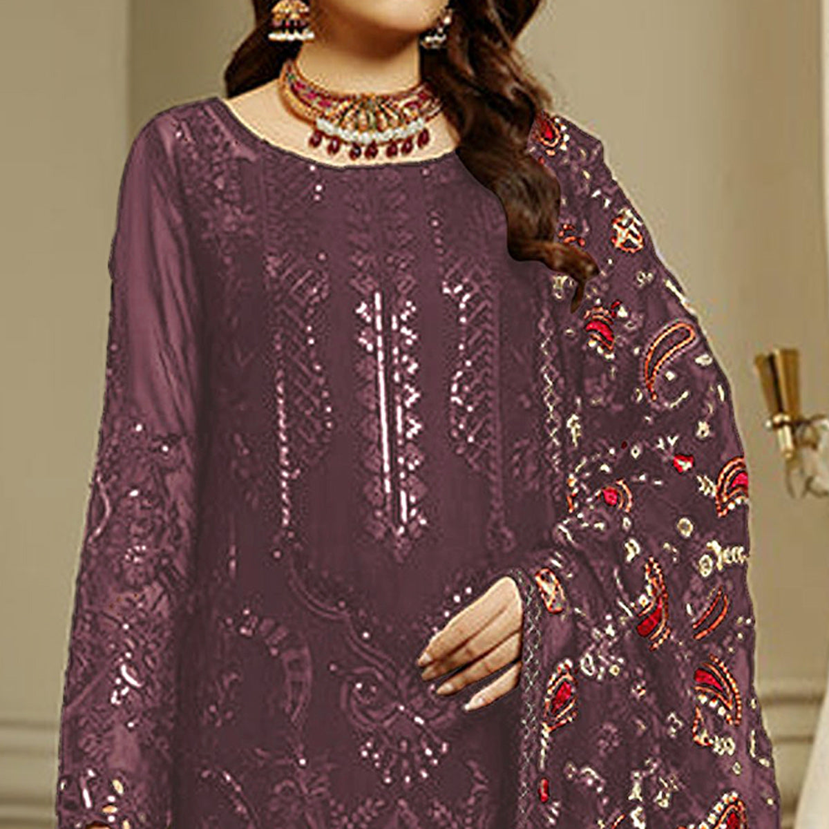 Wine Embroidered Georgette Semi Stitched Pakistani Suit
