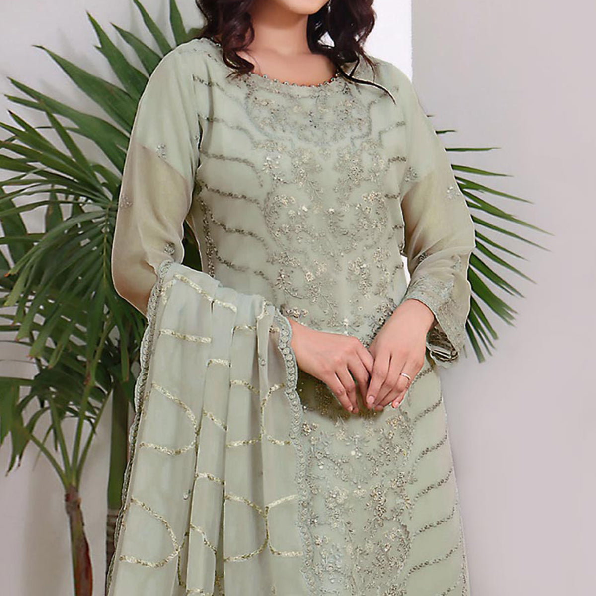 Green Embroidered Georgette Pakistani Semi Stitched Dress Material