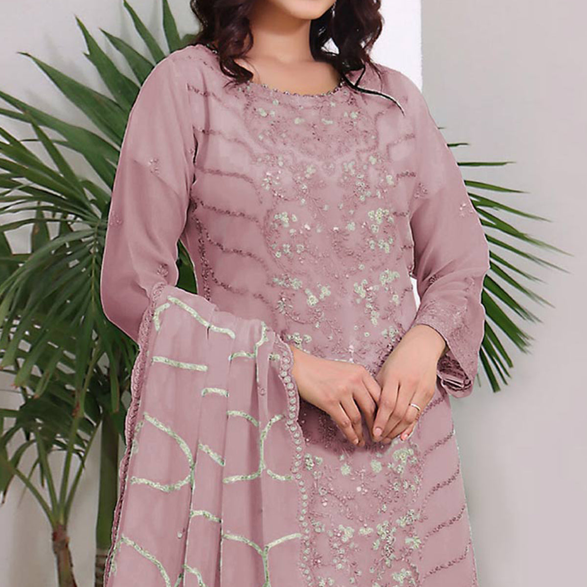 Dusty Pink Embroidered Georgette Pakistani Semi Stitched Dress Material