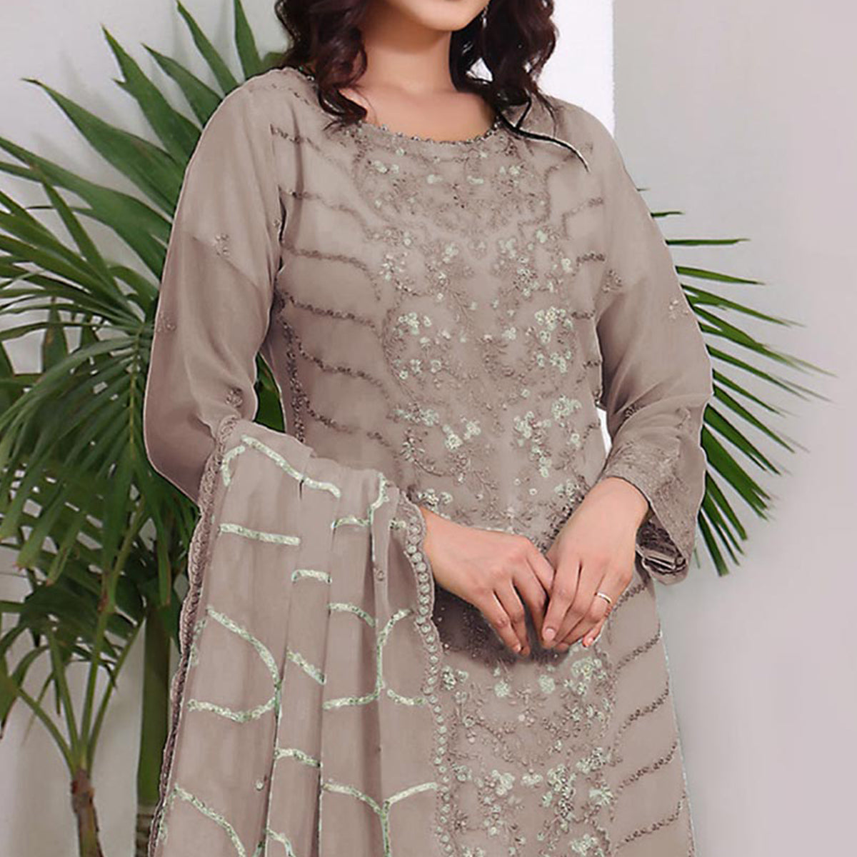 Beige Embroidered Georgette Pakistani Semi Stitched Dress Material