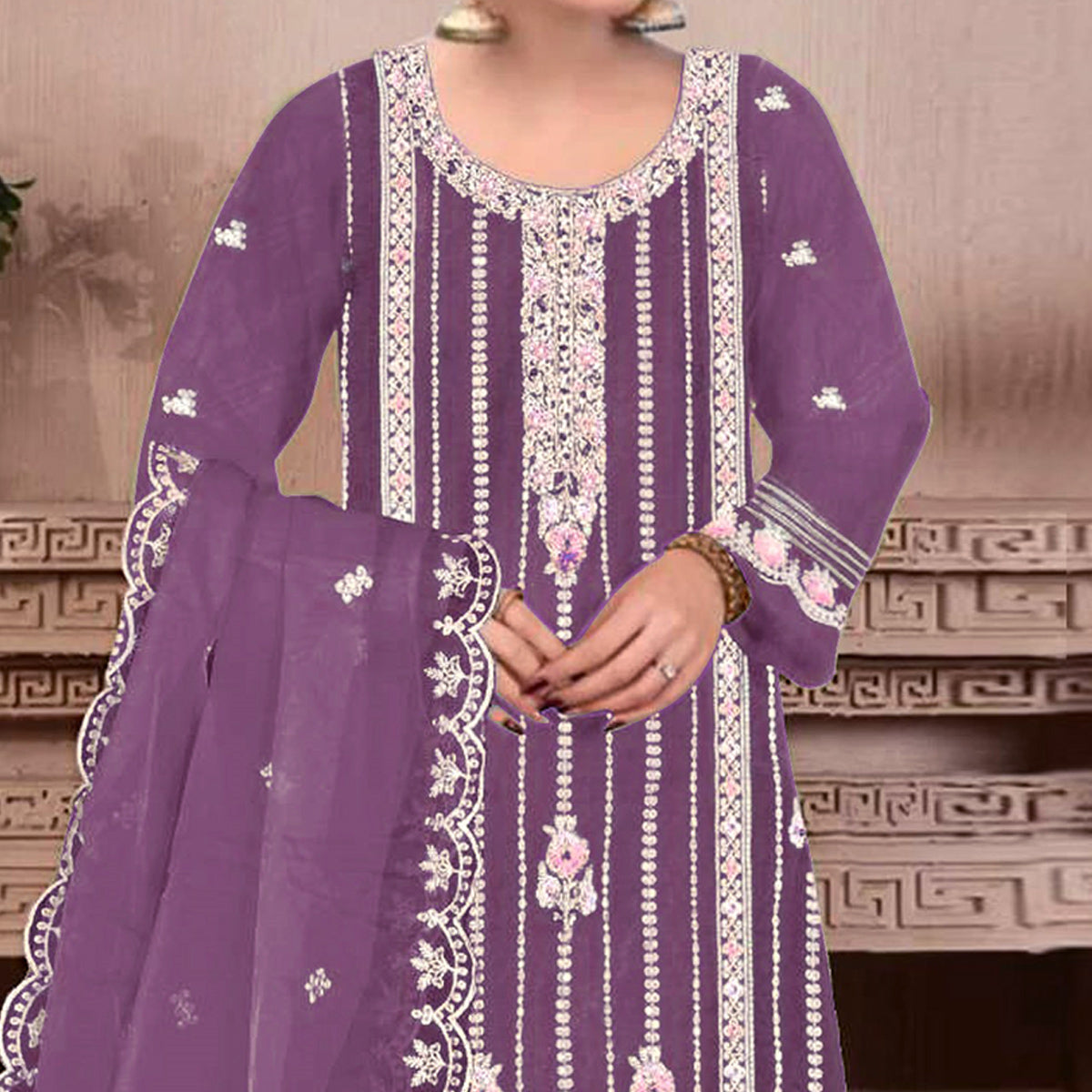 Purple Floral Hand Embroidered Georgette Semi Stitched Pakistani Suit