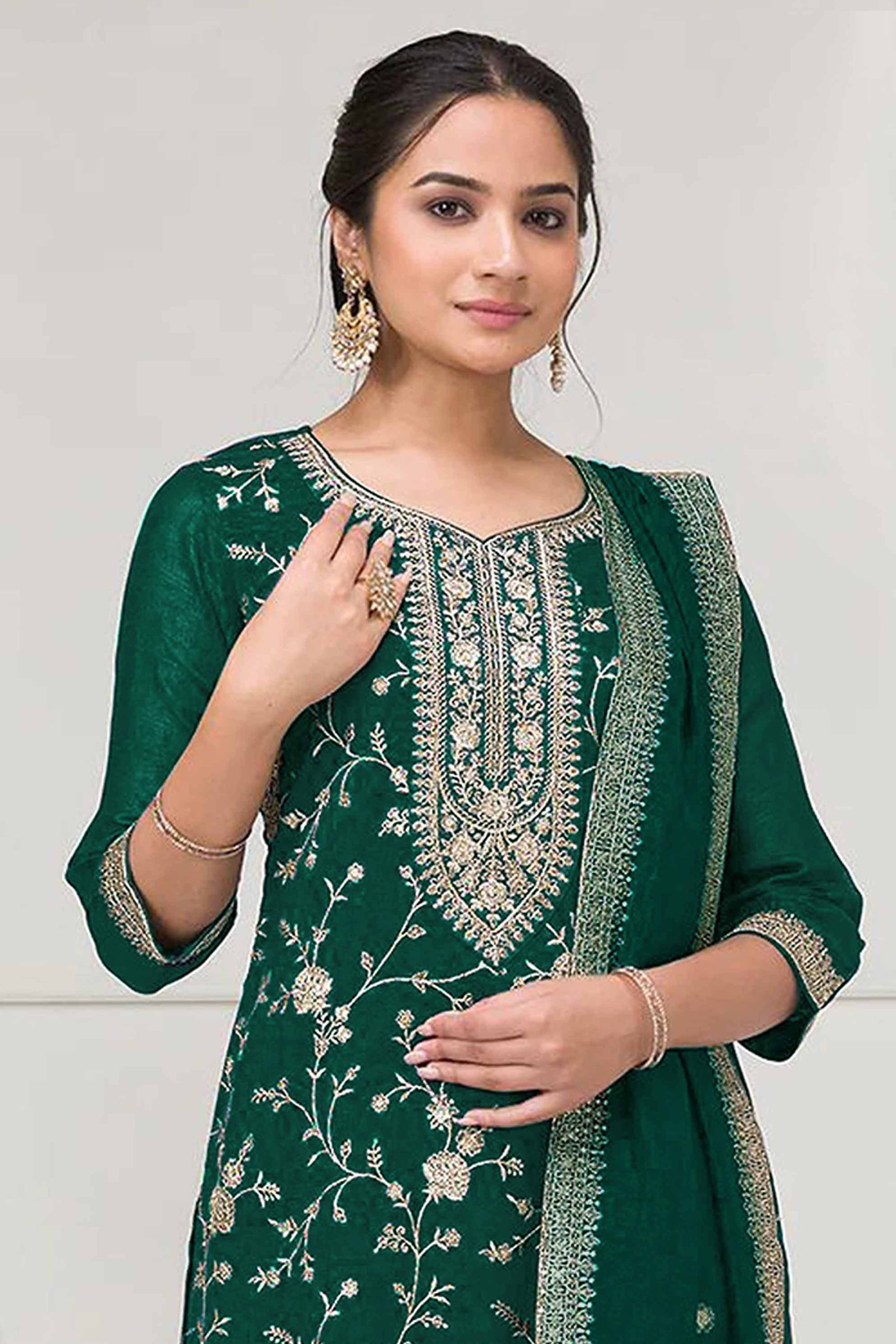 Bottle Green Beautiful Embroidered Pakistani Style Semi-Stitched Salwar Suit in Soft Georgette Fabric