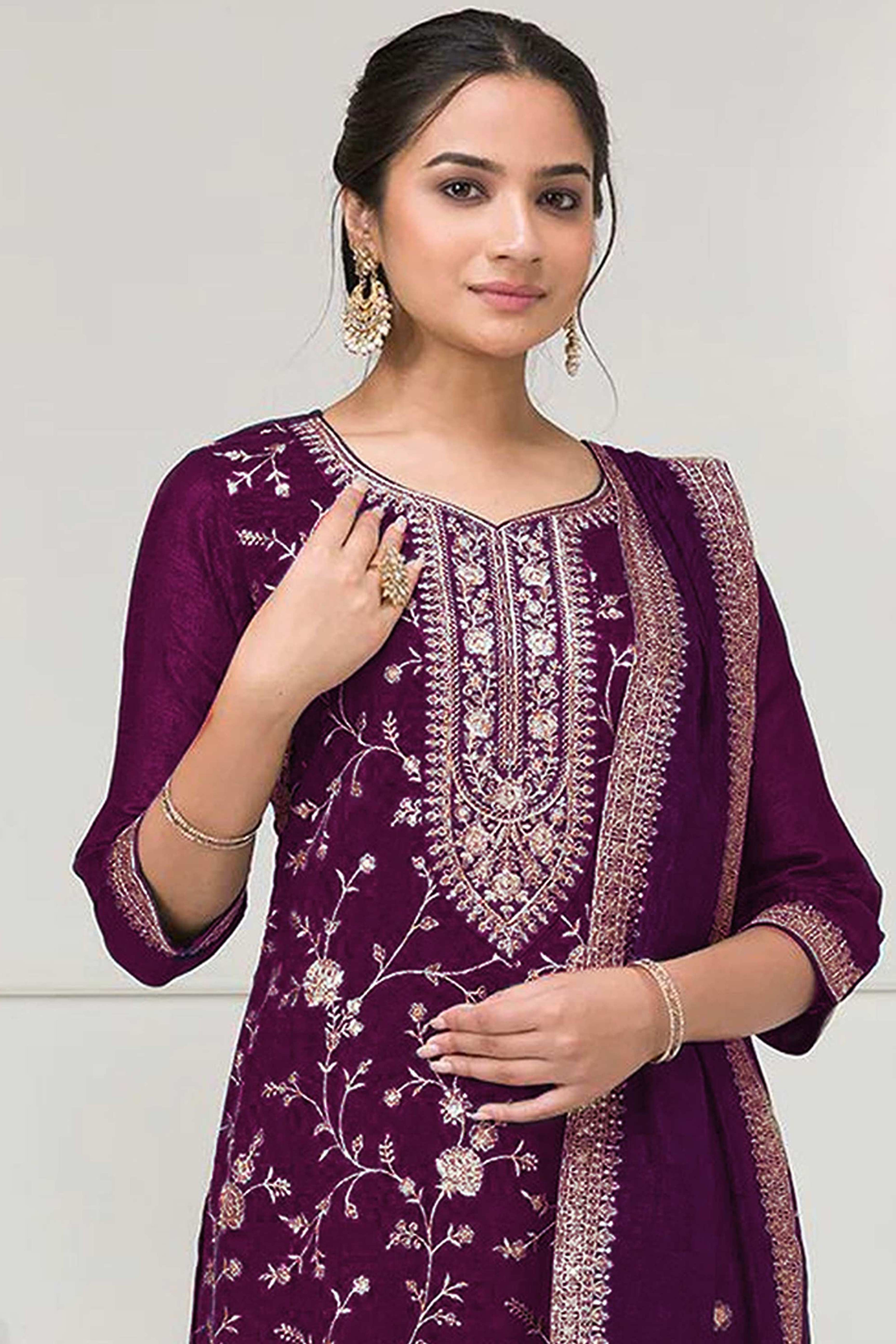 Purple Beautiful Embroidered Pakistani Style Semi-Stitched Salwar Suit in Soft Georgette Fabric