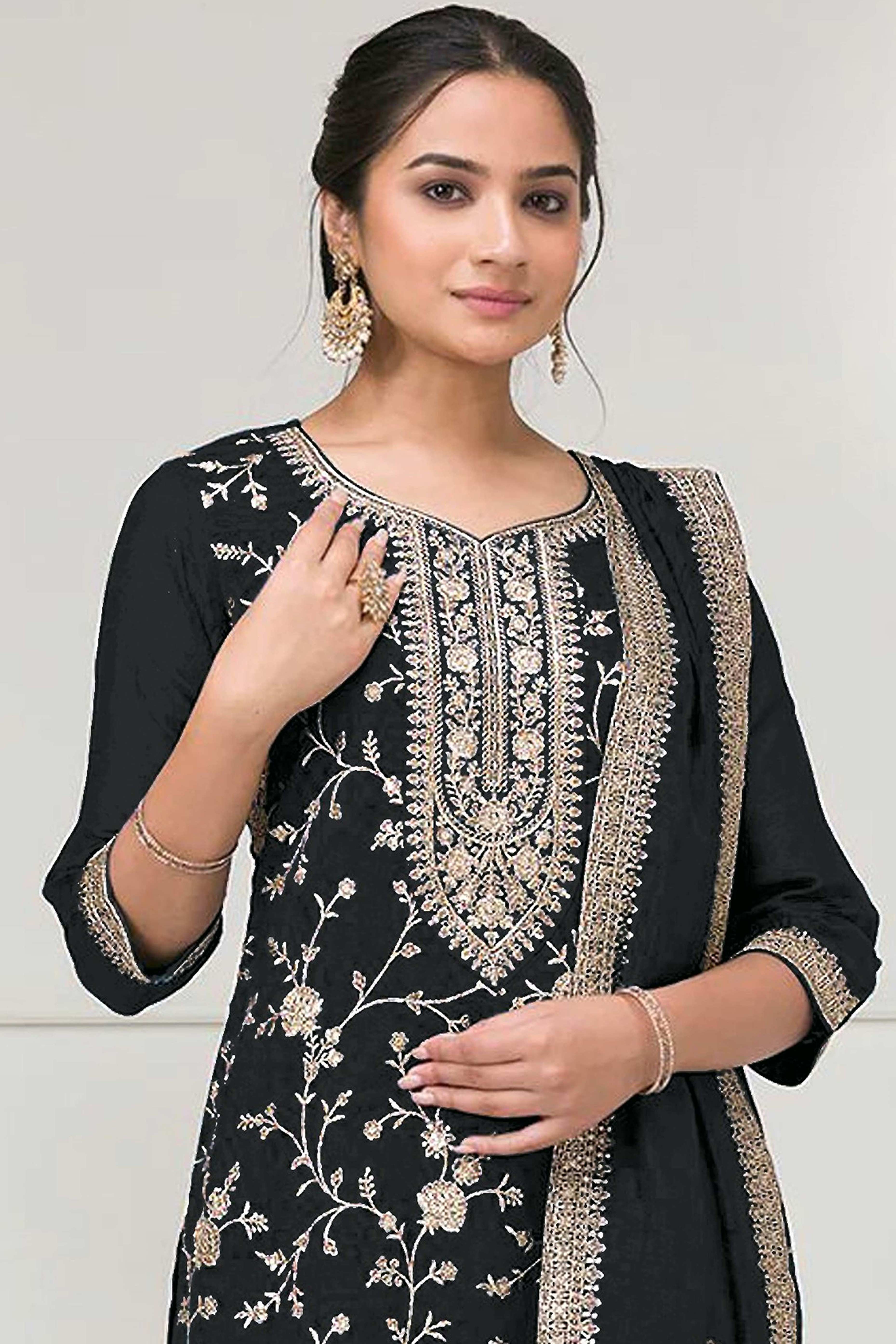 Black Beautiful Embroidered Pakistani Style Semi-Stitched Salwar Suit in Soft Georgette Fabric