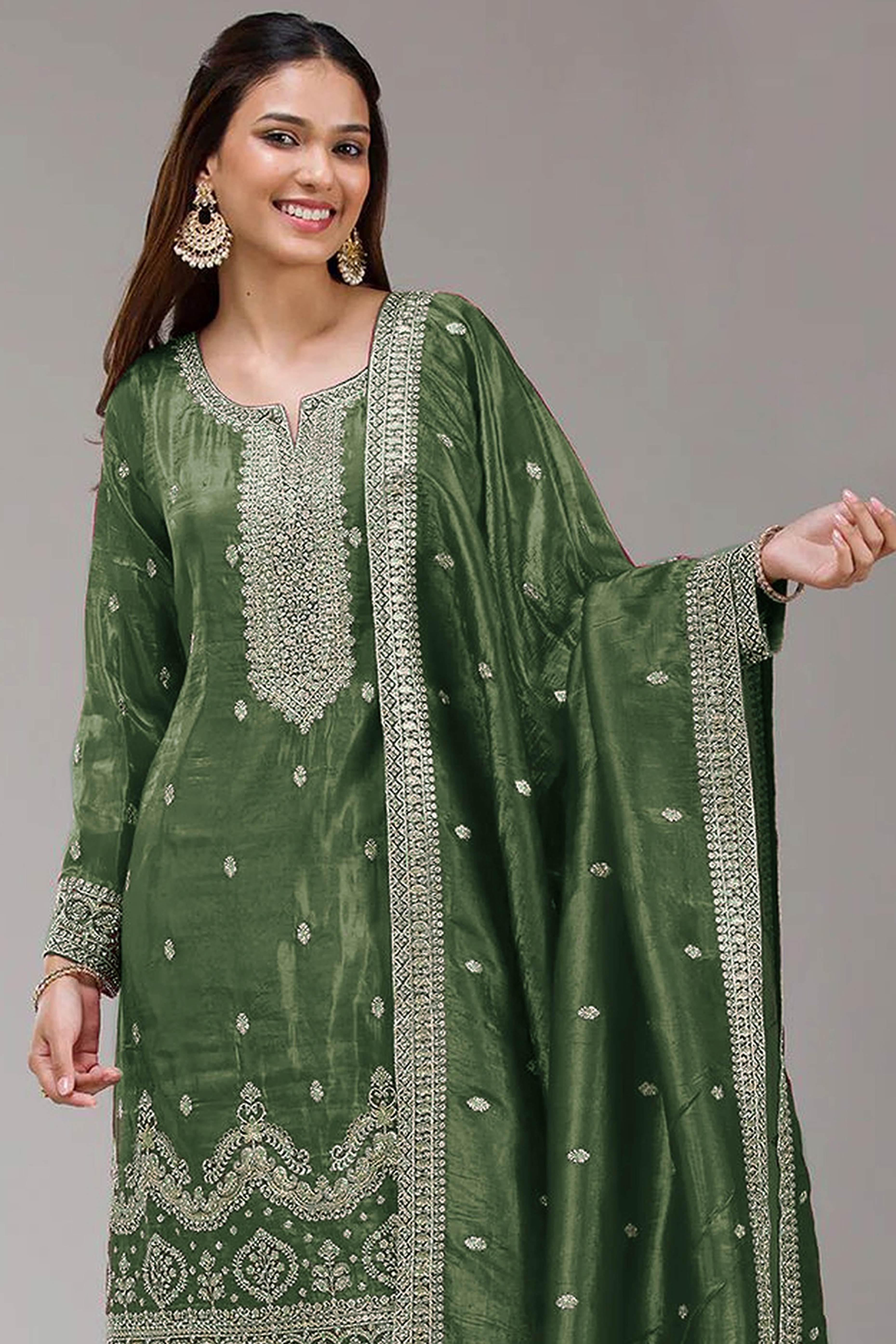 Green Embroidered Georgette Palazzo Style Semi-Stitched Salwar Suit for Graceful Occasions
