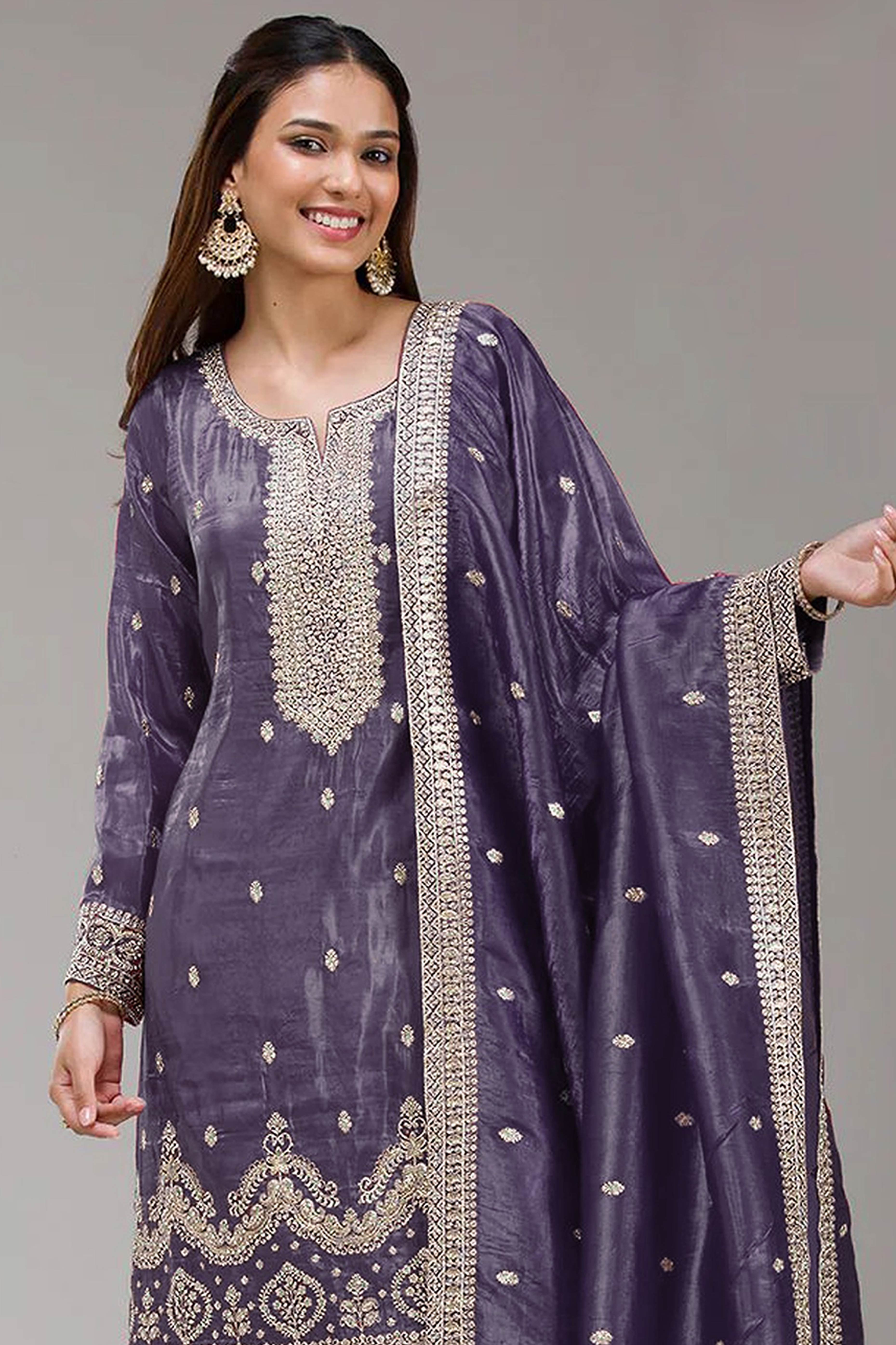 Purple Embroidered Georgette Palazzo Style Semi-Stitched Salwar Suit for Graceful Occasions