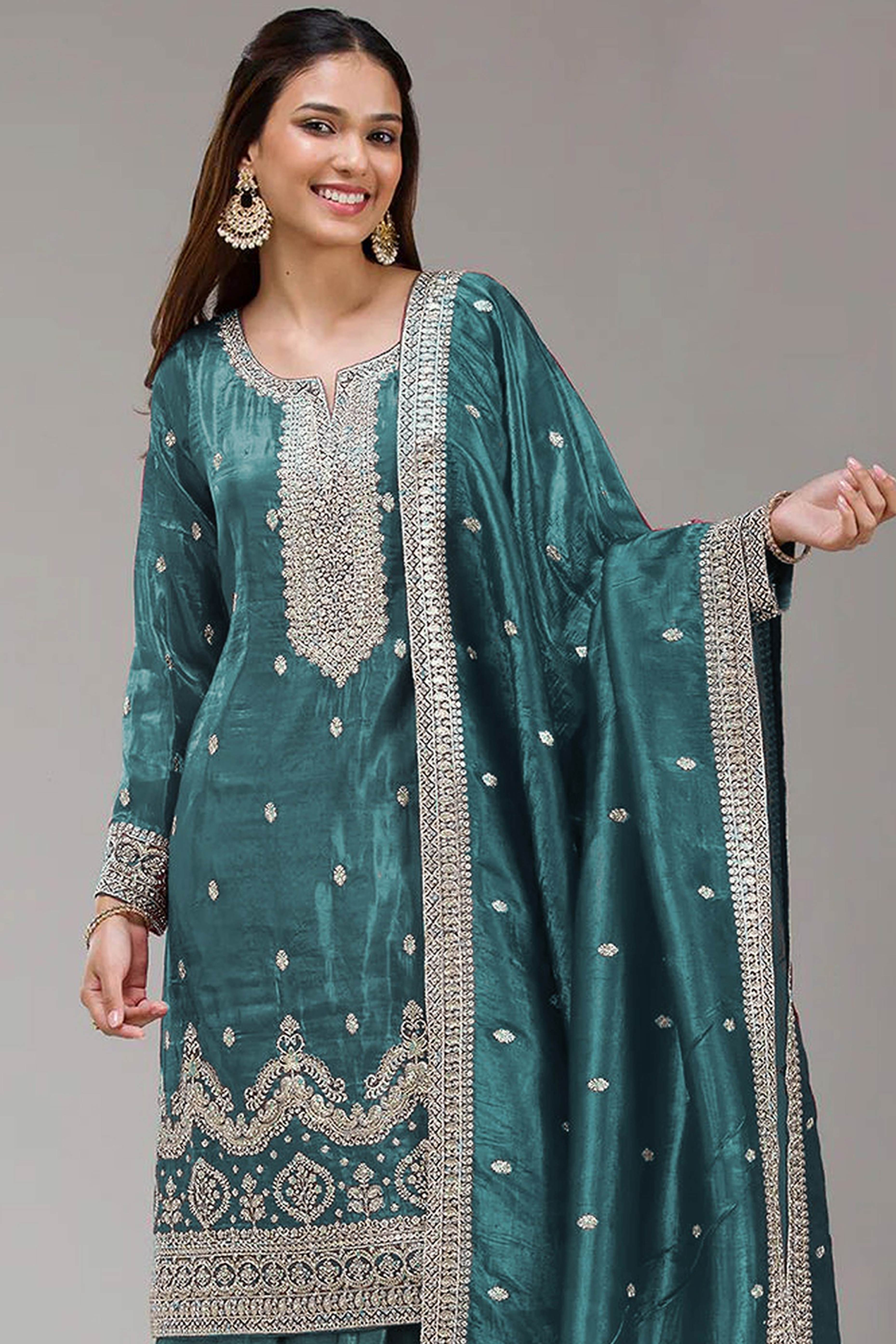 Teal Embroidered Georgette Palazzo Style Semi-Stitched Salwar Suit for Graceful Occasions