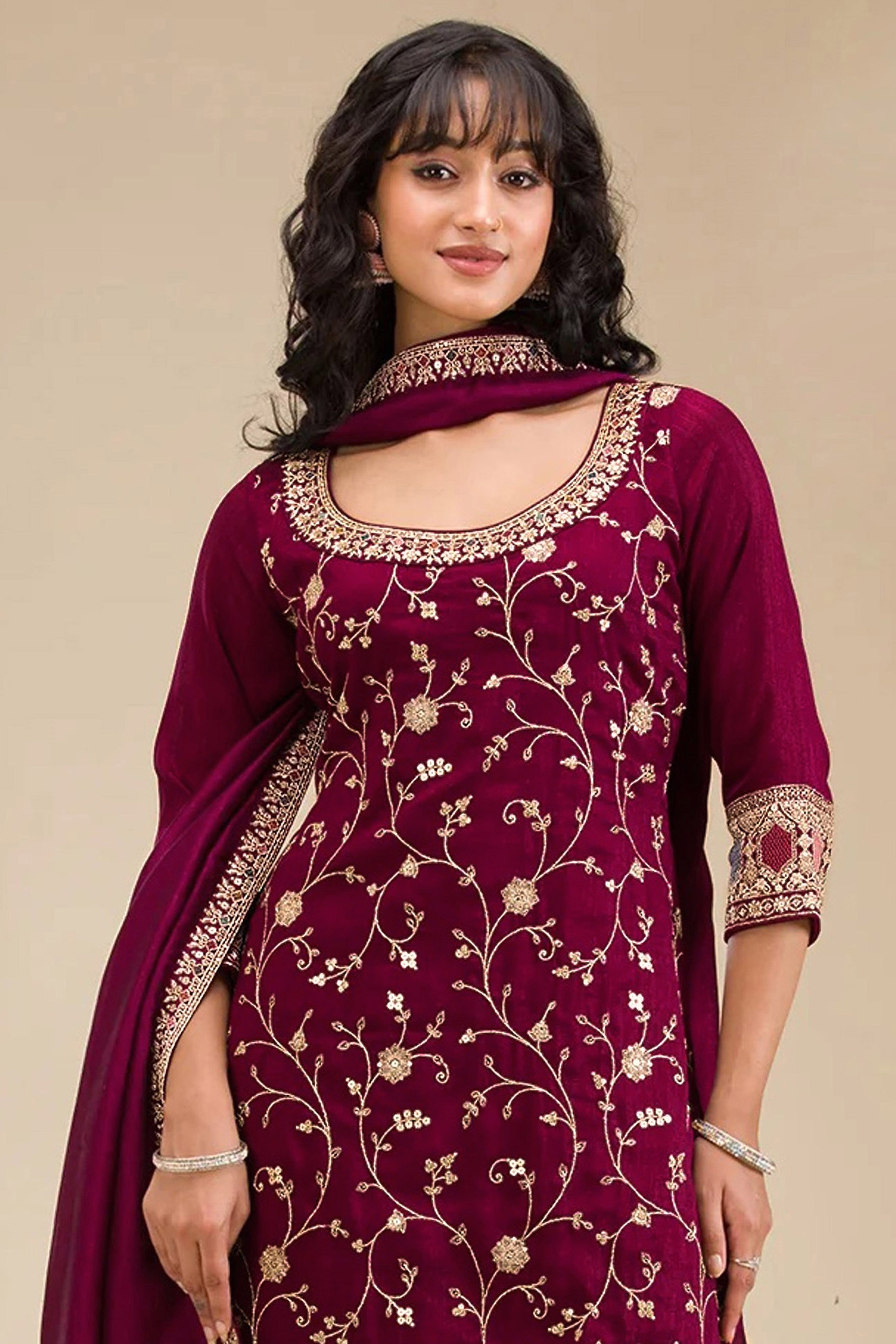 Luxury Maroon Floral Embroidered With Sequins Vichitra Silk Semi Stitched Pakistani Salwar Suit