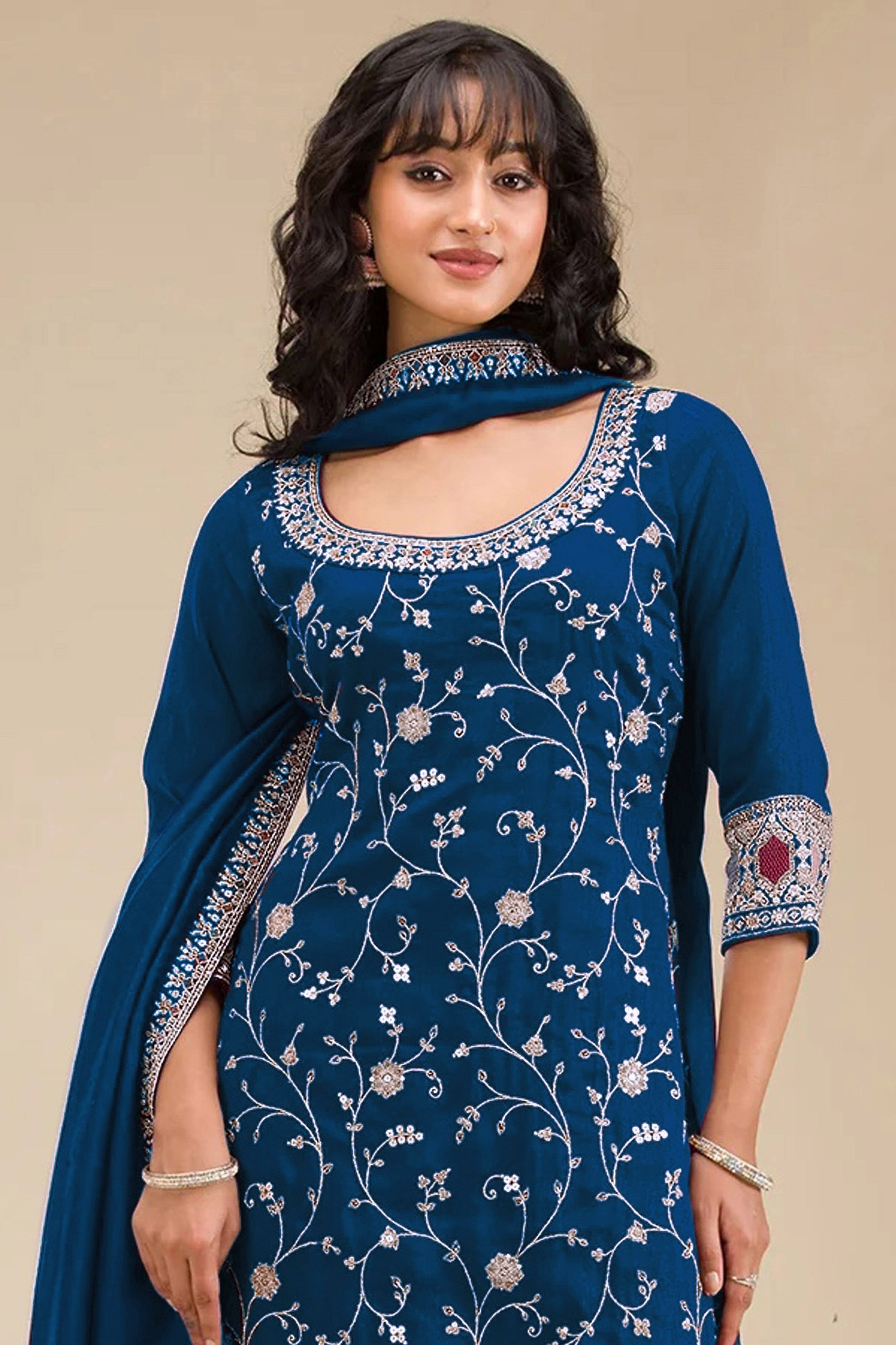 Luxury Blue Floral Embroidered With Sequins Vichitra Silk Semi Stitched Pakistani Salwar Suit