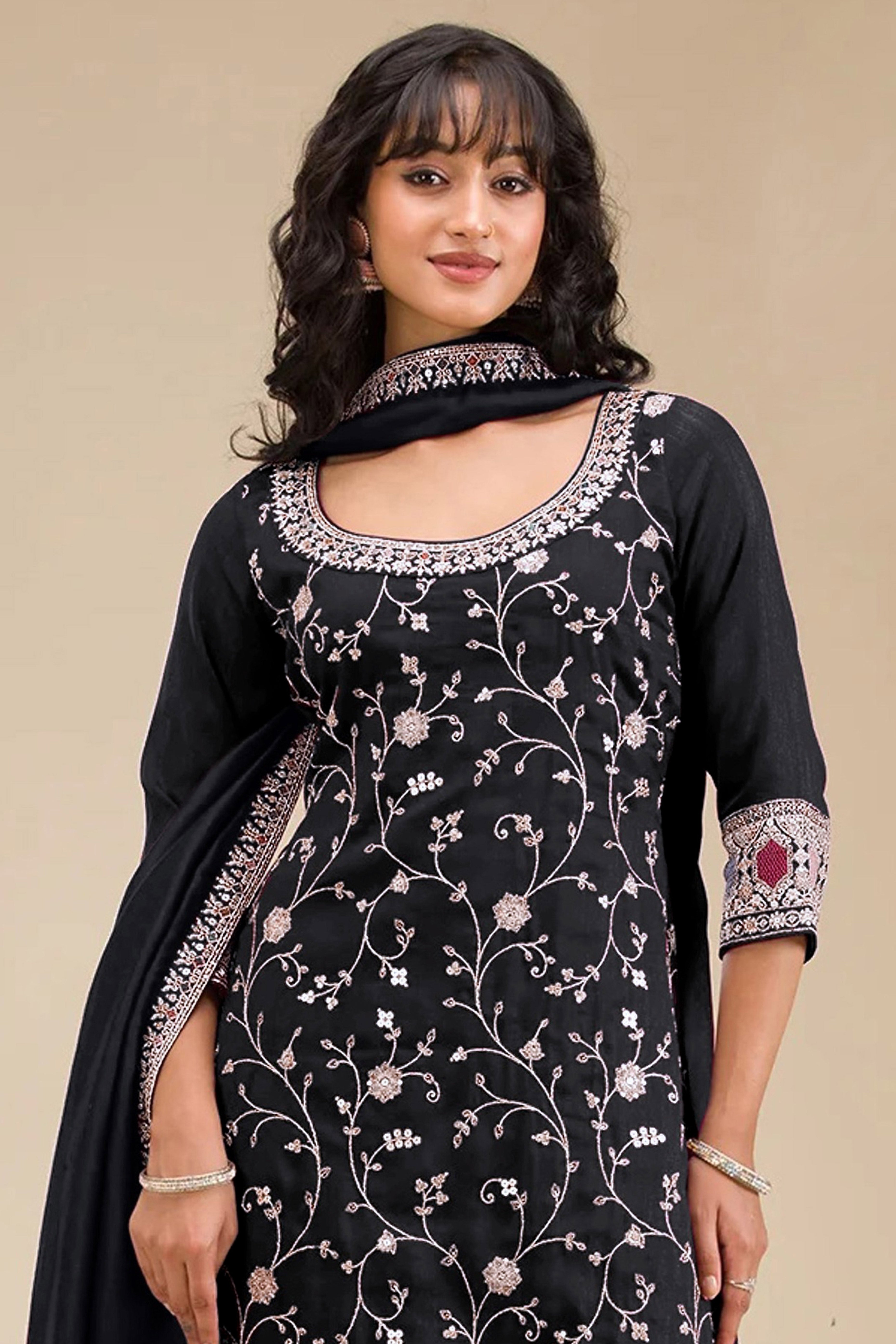 Luxury Black Floral Embroidered With Sequins Vichitra Silk Semi Stitched Pakistani Salwar Suit