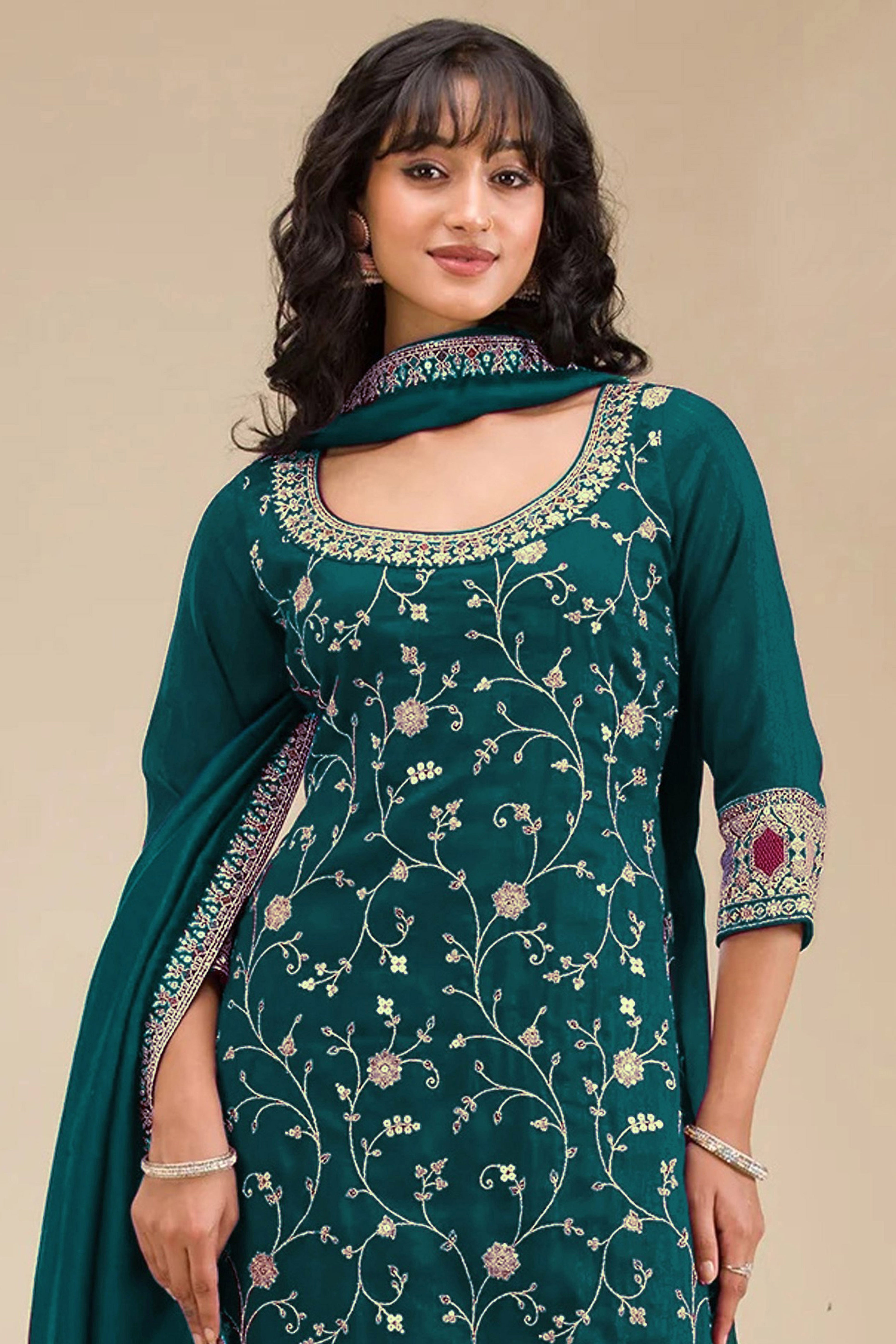 Luxury Teal Floral Embroidered With Sequins Vichitra Silk Semi Stitched Pakistani Salwar Suit