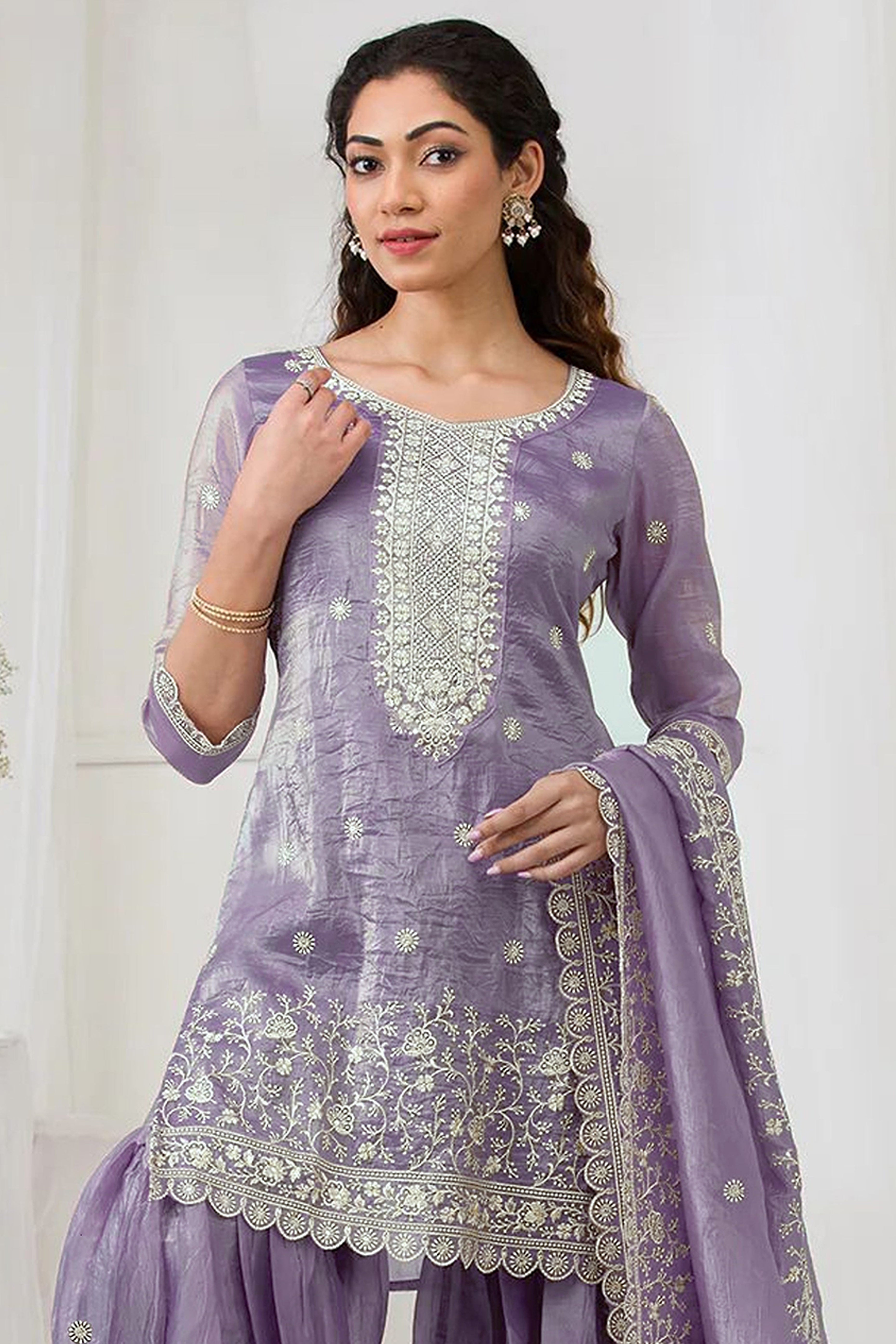 Lavender Elegant Embroidered Georgette Semi-Stitched Salwar Suit with Stylish Palazzo Bottoms
