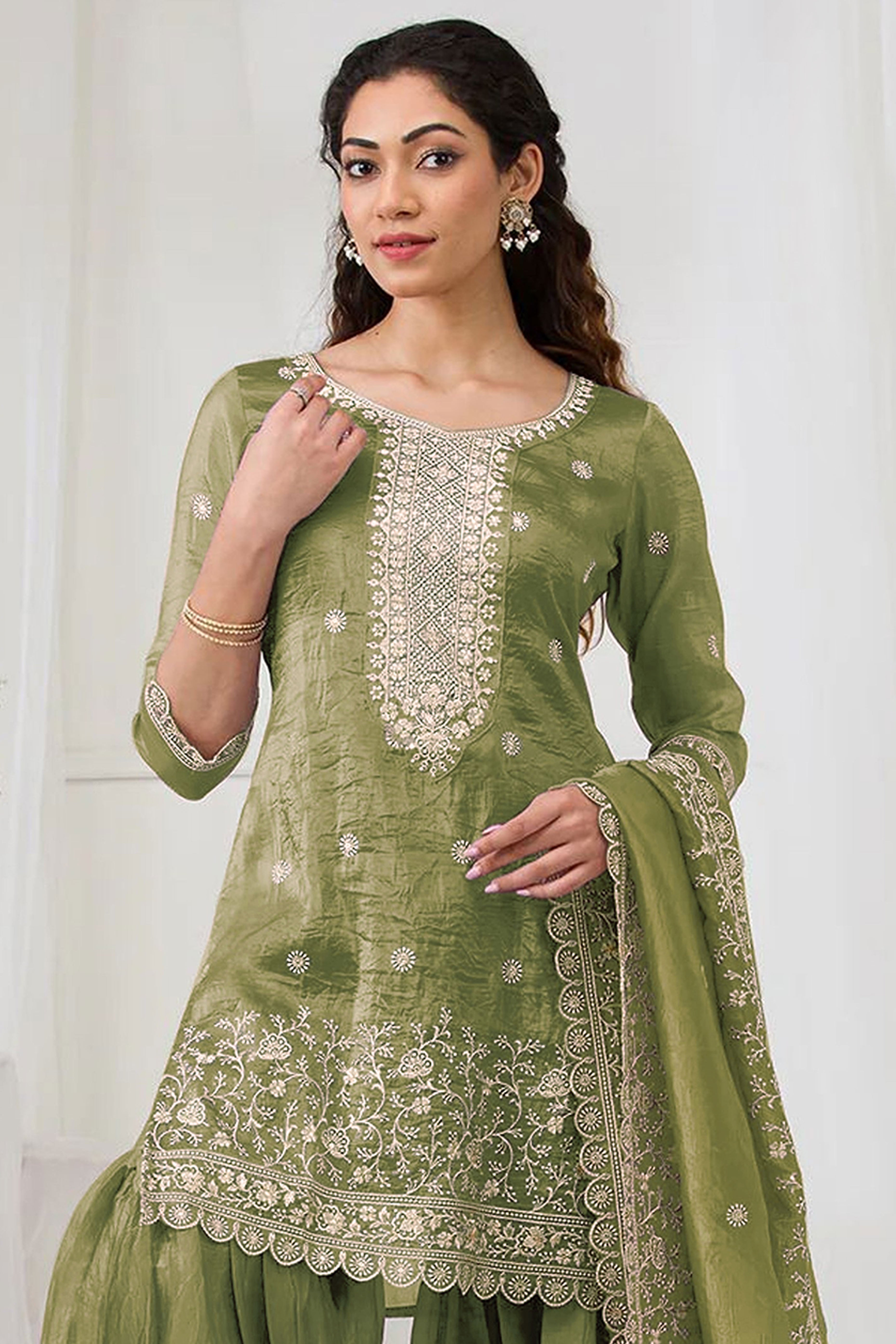 Green Elegant Embroidered Georgette Semi-Stitched Salwar Suit with Stylish Palazzo Bottoms