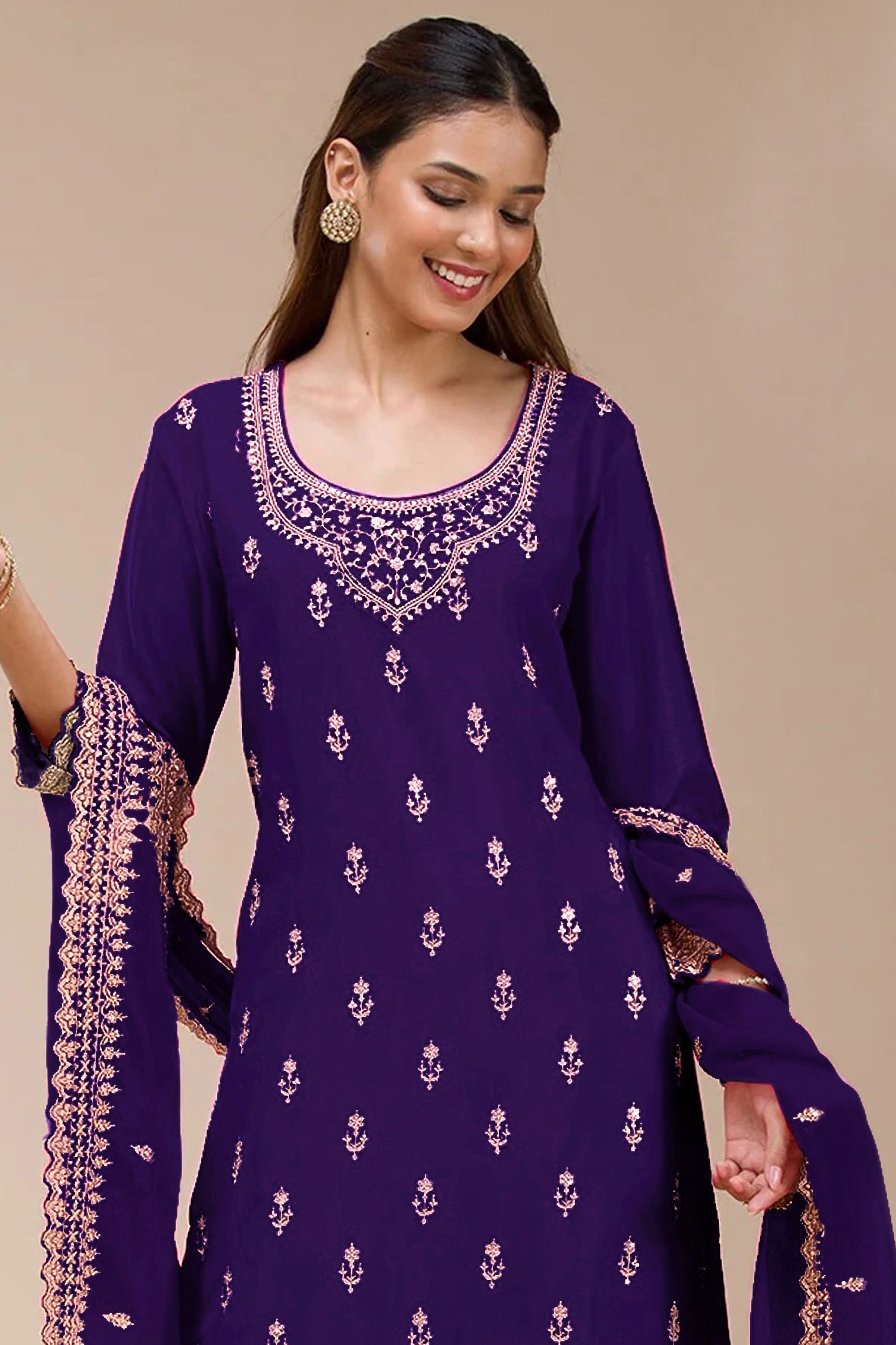 Charming Royal Purple Floral Sequins Embroidered Georgette Semi Stitched Pakistani Salwar Suit