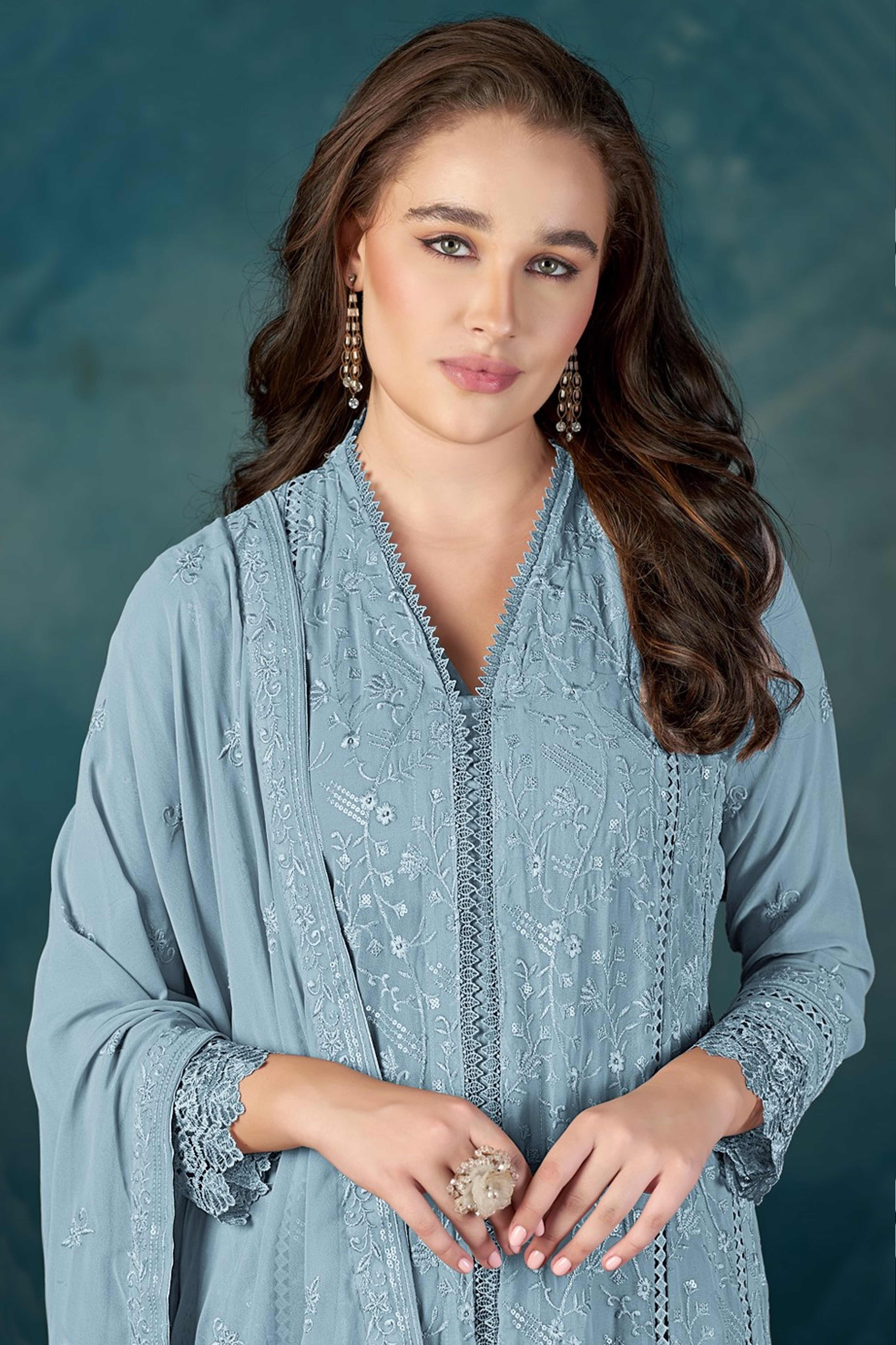Beautiful Light Blue Embroidered Pakistani Style Semi-Stitched Salwar Suit in Soft Georgette Fabric