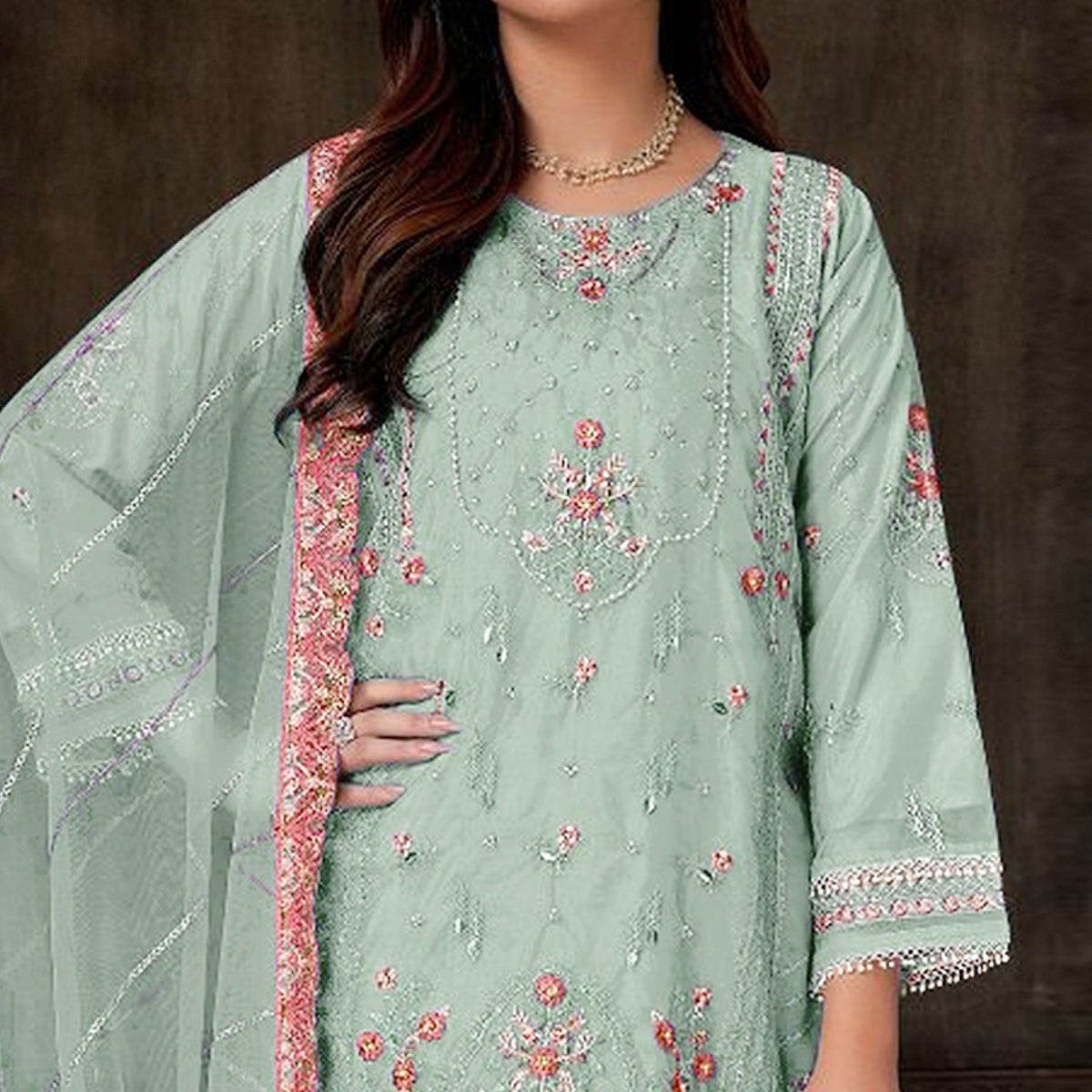 Light Green Floral Embroidered Georgette Pakistani Semi Stitched Dress Material