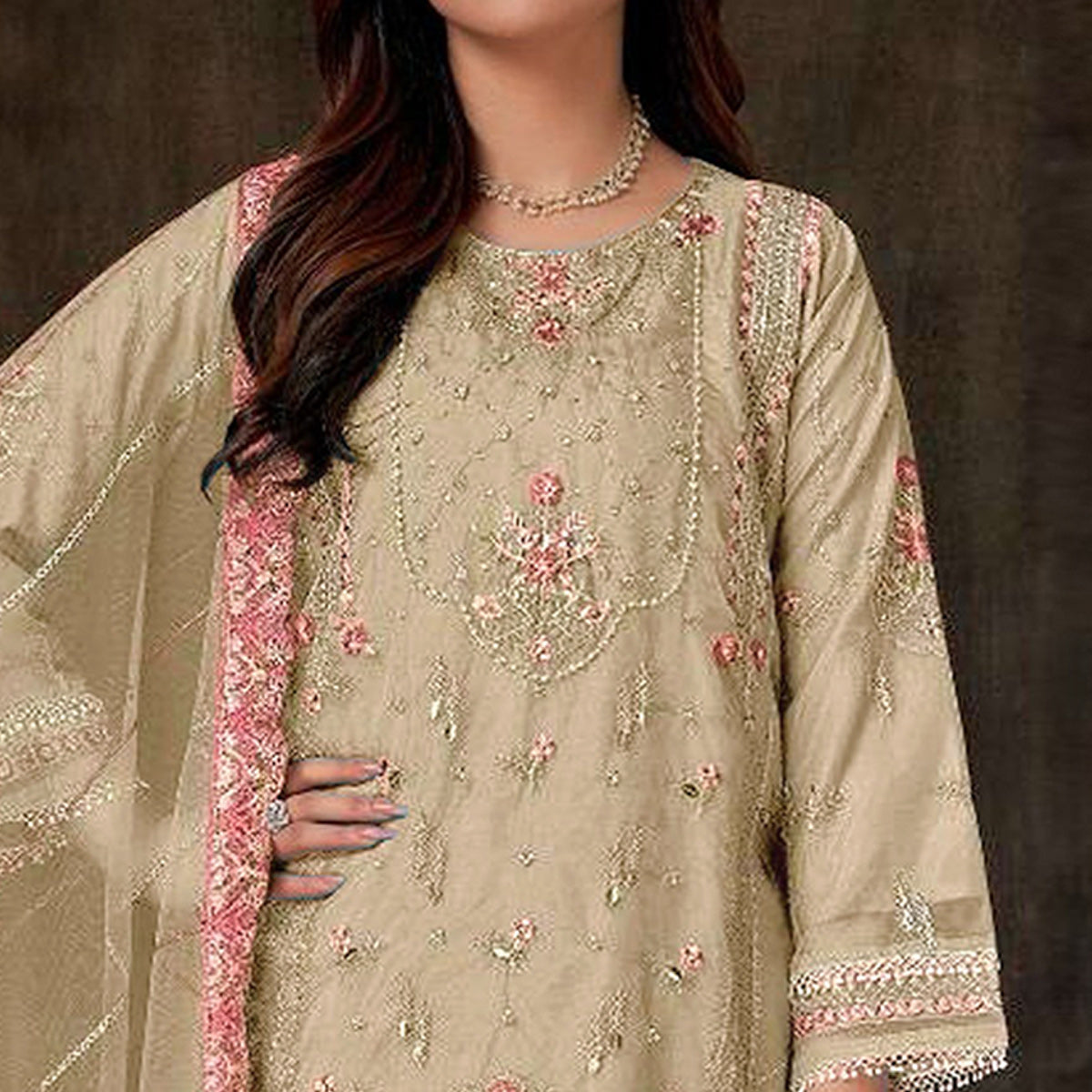 Cream Floral Embroidered Georgette Pakistani Semi Stitched Dress Material