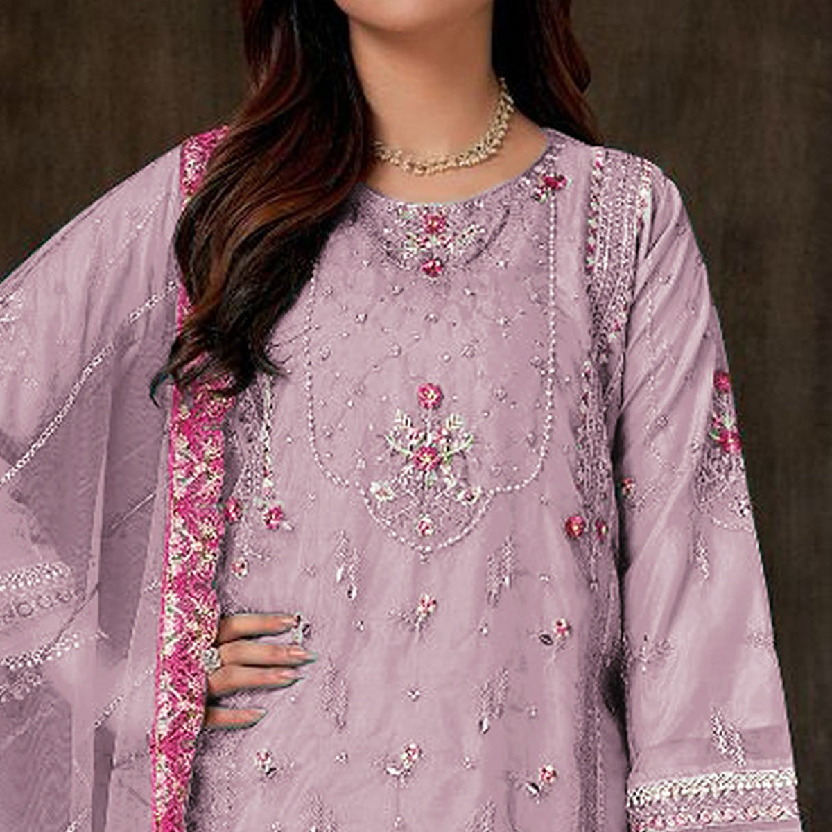 Purple Floral Embroidered Georgette Pakistani Semi Stitched Dress Material