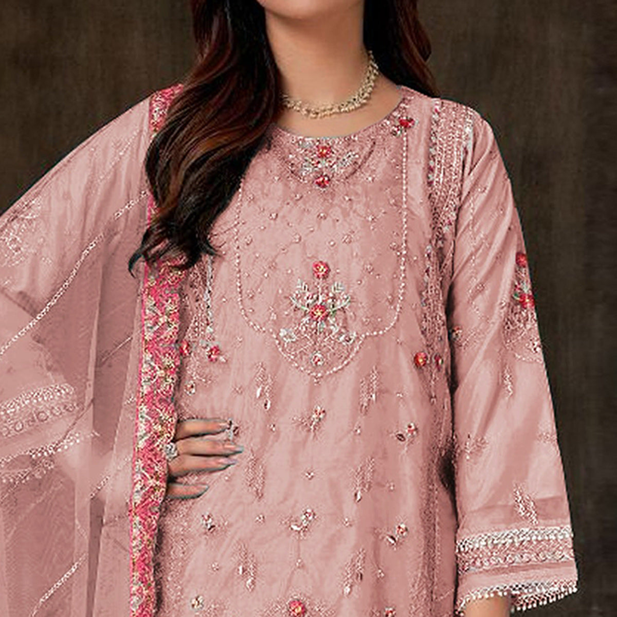 Peach Floral Embroidered Georgette Pakistani Semi Stitched Dress Material