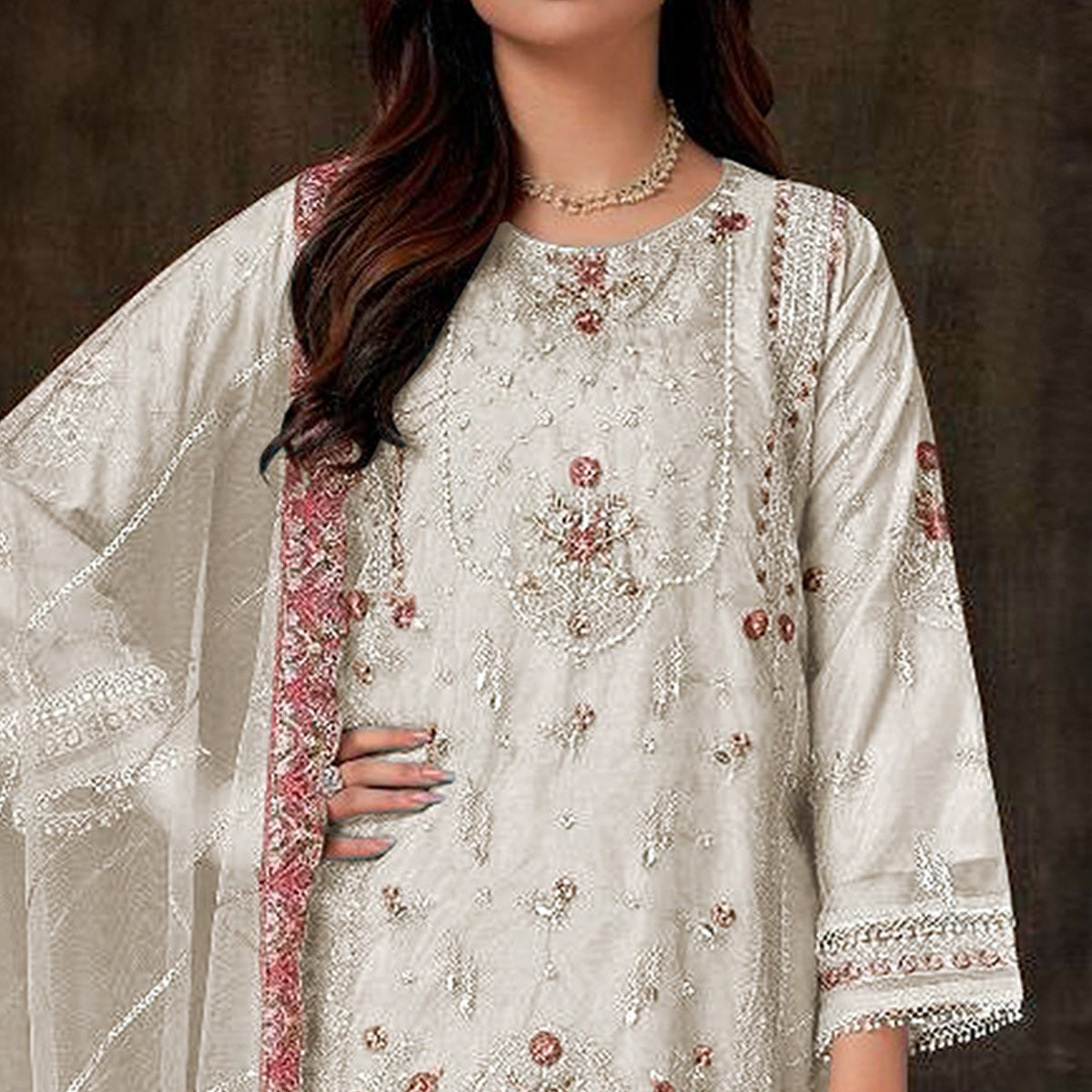 Off white Floral Embroidered Georgette Pakistani Semi Stitched Dress Material