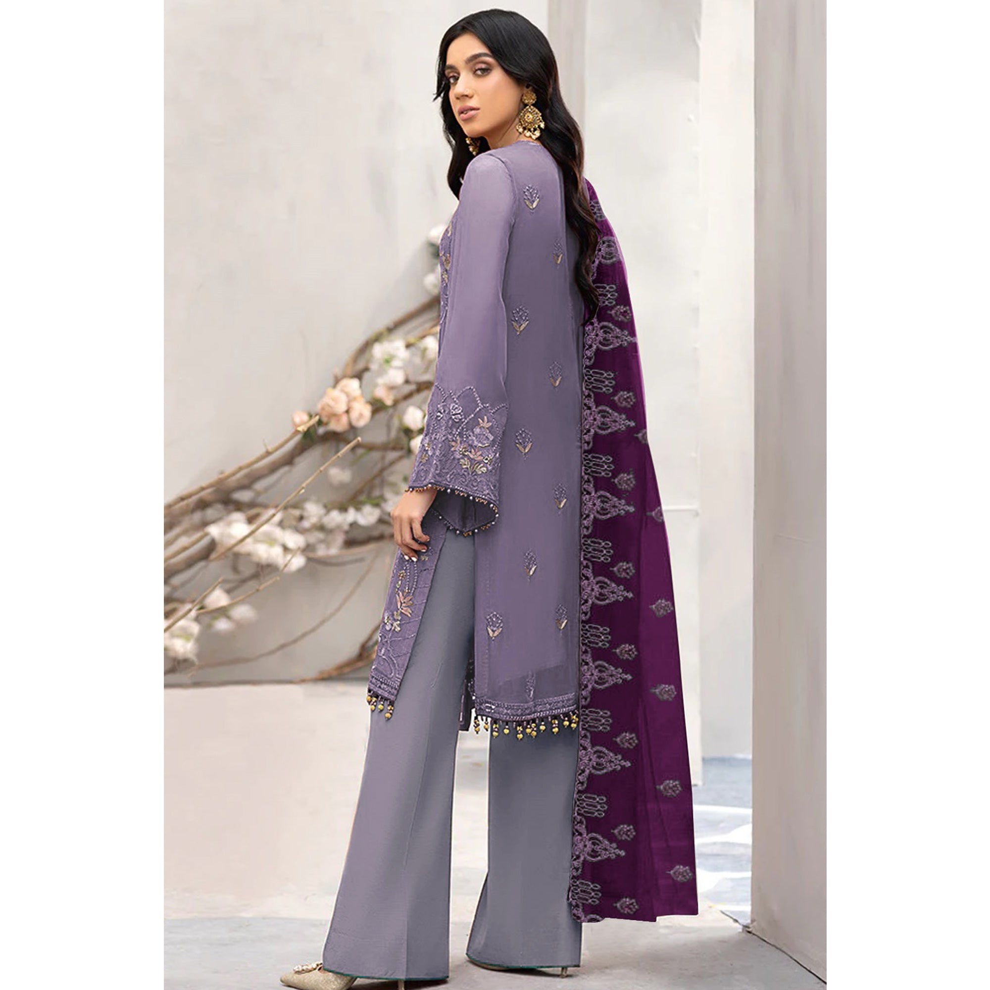 Purple Floral Embroidered Georgette Semi Stitched Pakistani Suit
