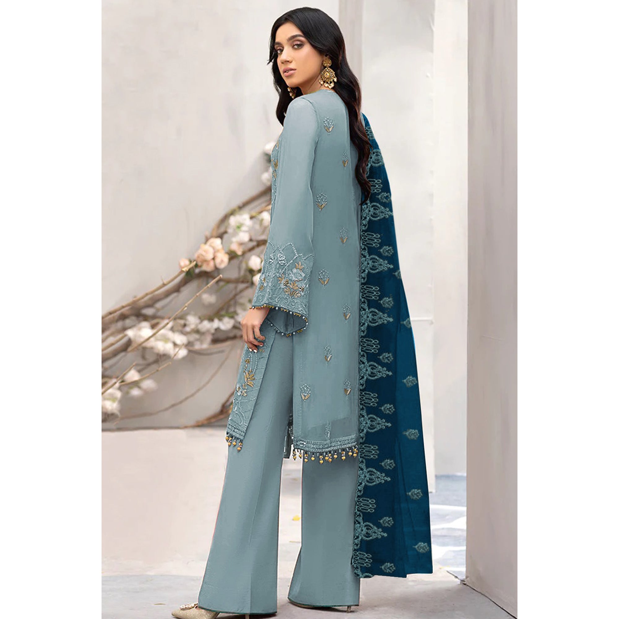 Blue Floral Embroidered Georgette Semi Stitched Pakistani Suit