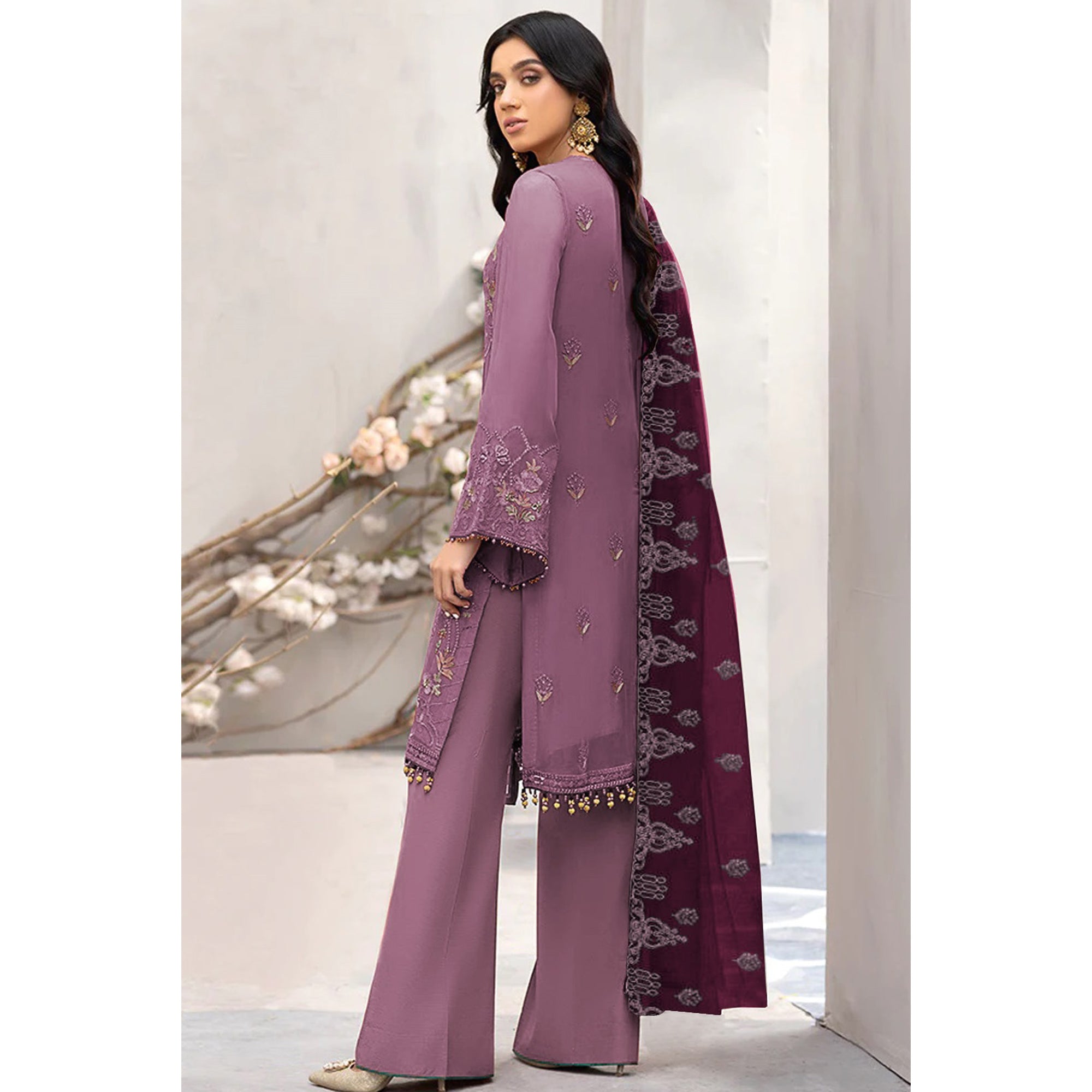 Mauve Floral Embroidered Georgette Semi Stitched Pakistani Suit