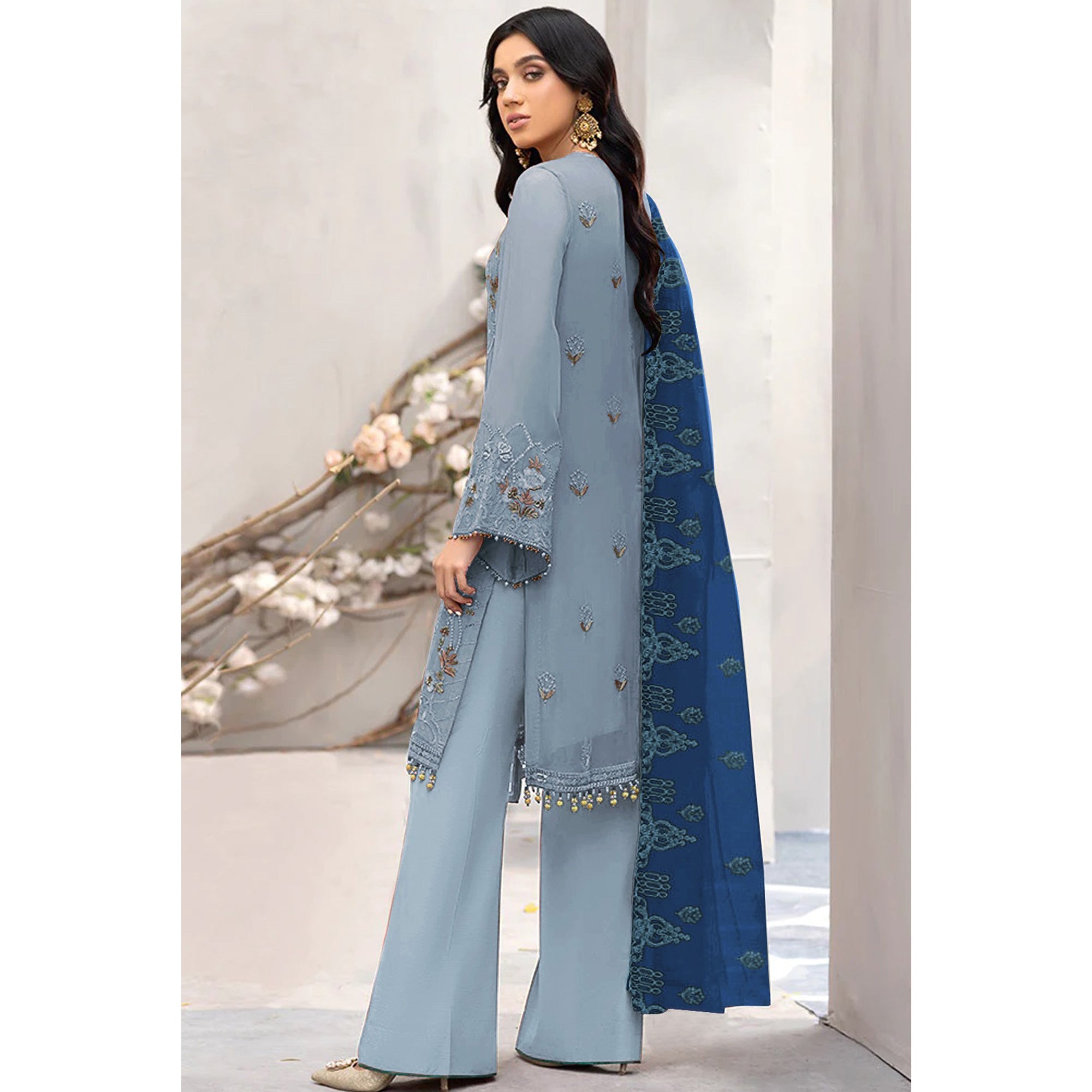 Sky Blue Floral Embroidered Georgette Semi Stitched Pakistani Suit