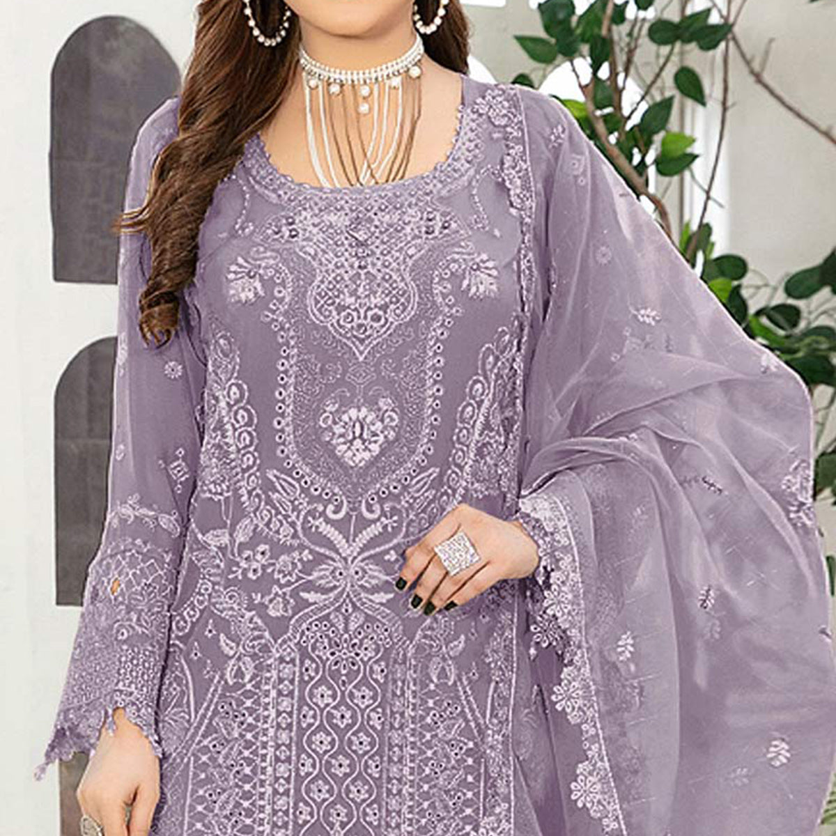 Purple Floral Embroidered Georgette Semi Stitched Pakistani Suit