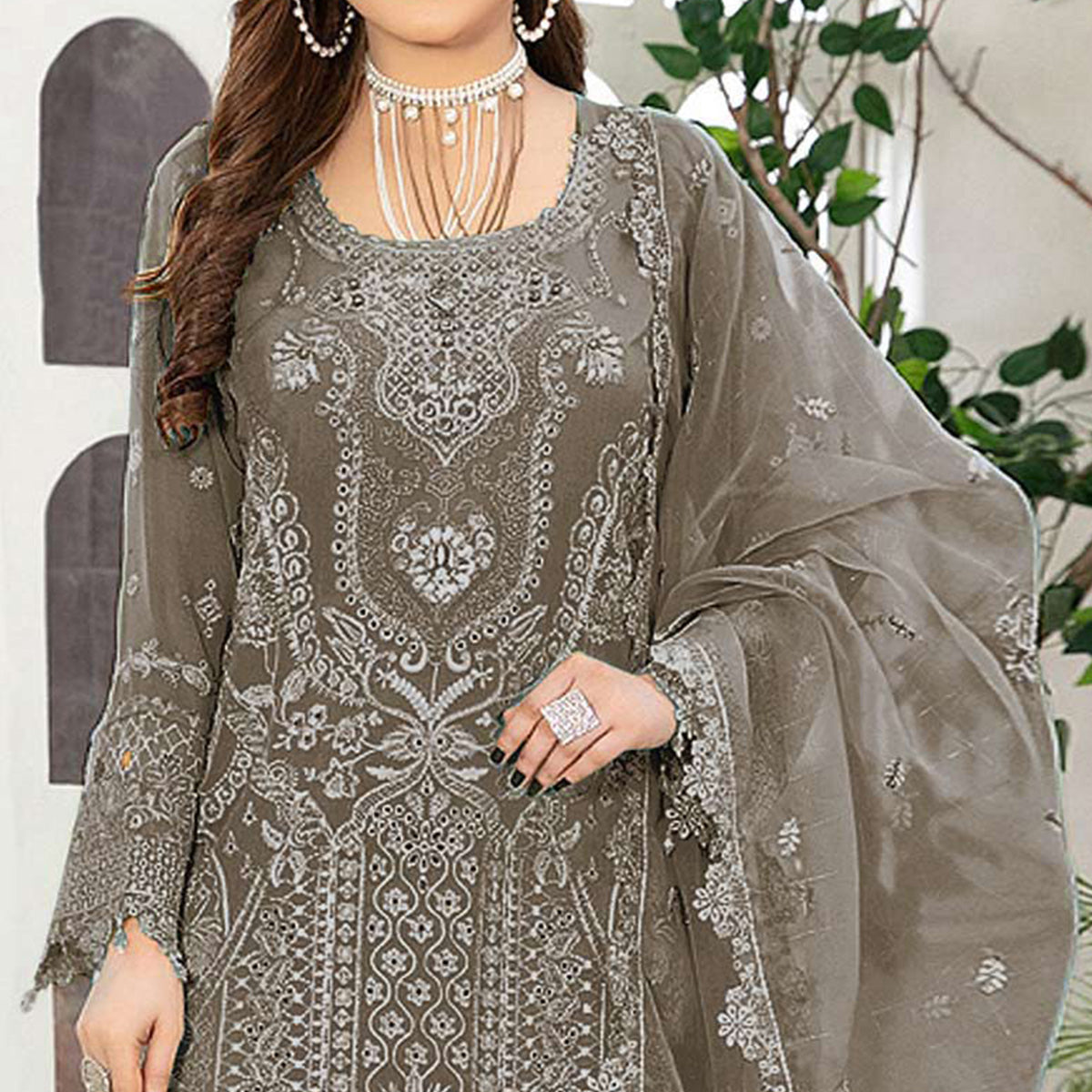 Mehendi Green Floral Embroidered Georgette Semi Stitched Pakistani Suit